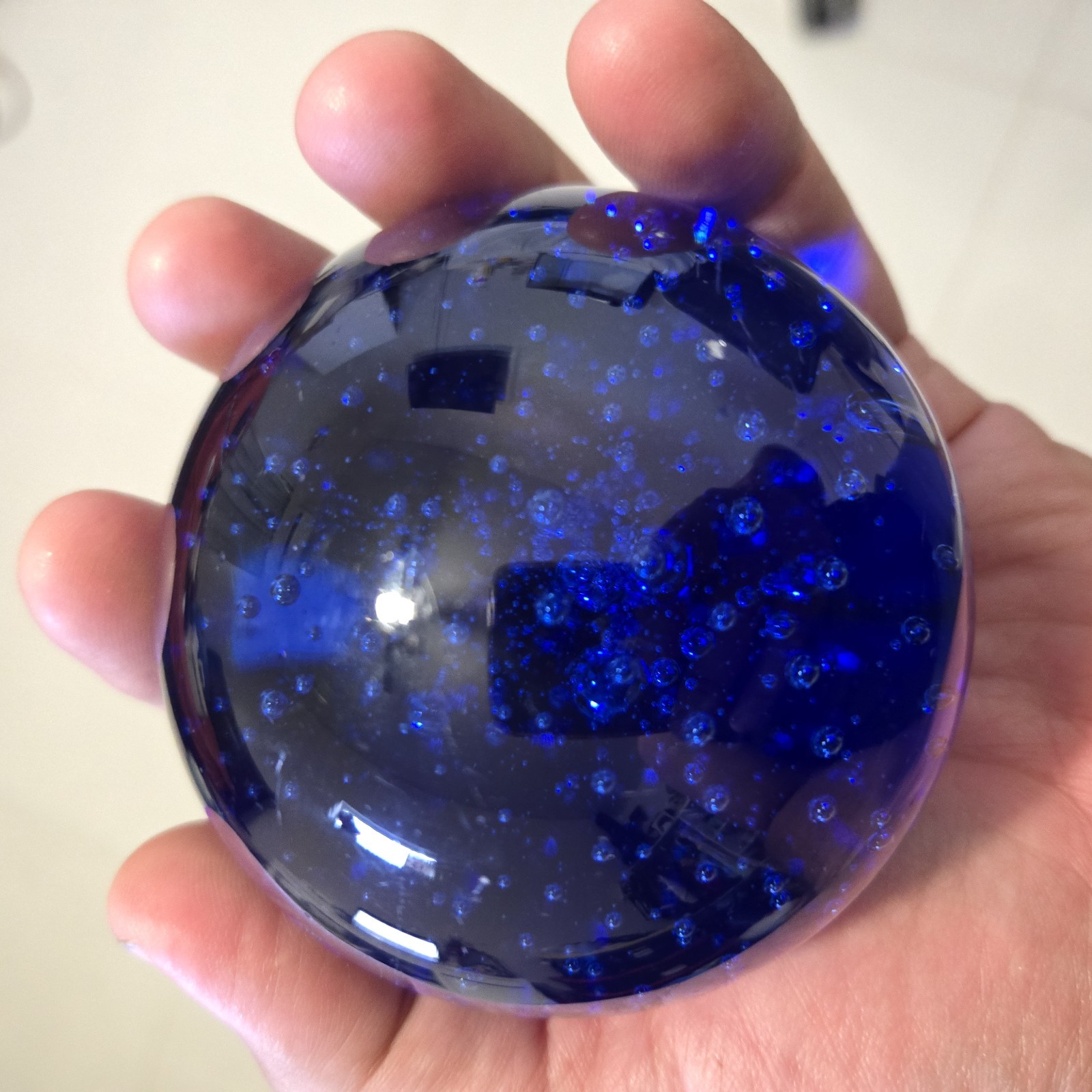 COBALT BLUE CRYSTAL GLASS BALL with BRASS STAND Fortune SPHERE Bubbles