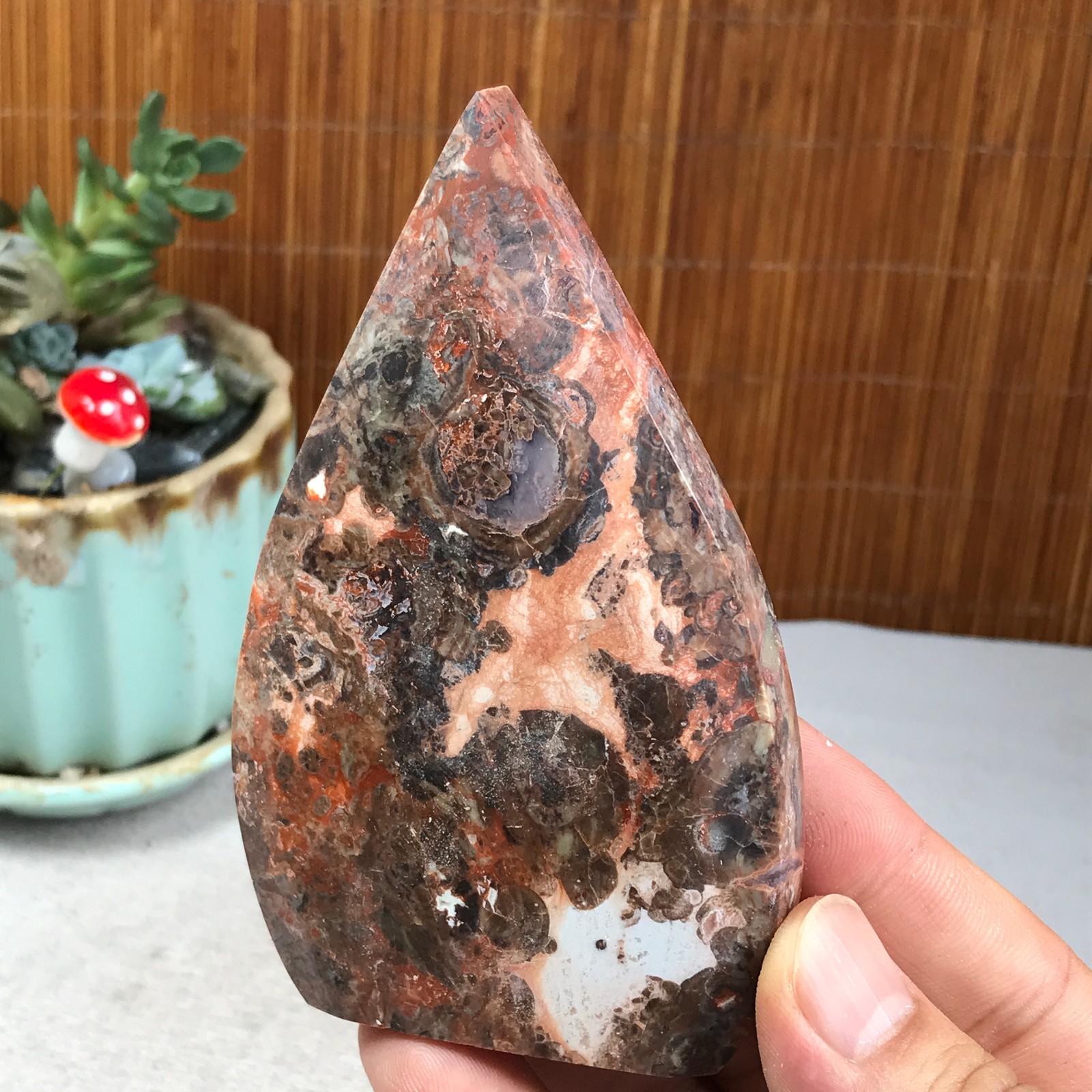 Natural money Mexico agate hand carve leaf Crystal Specimen free standing A6273
