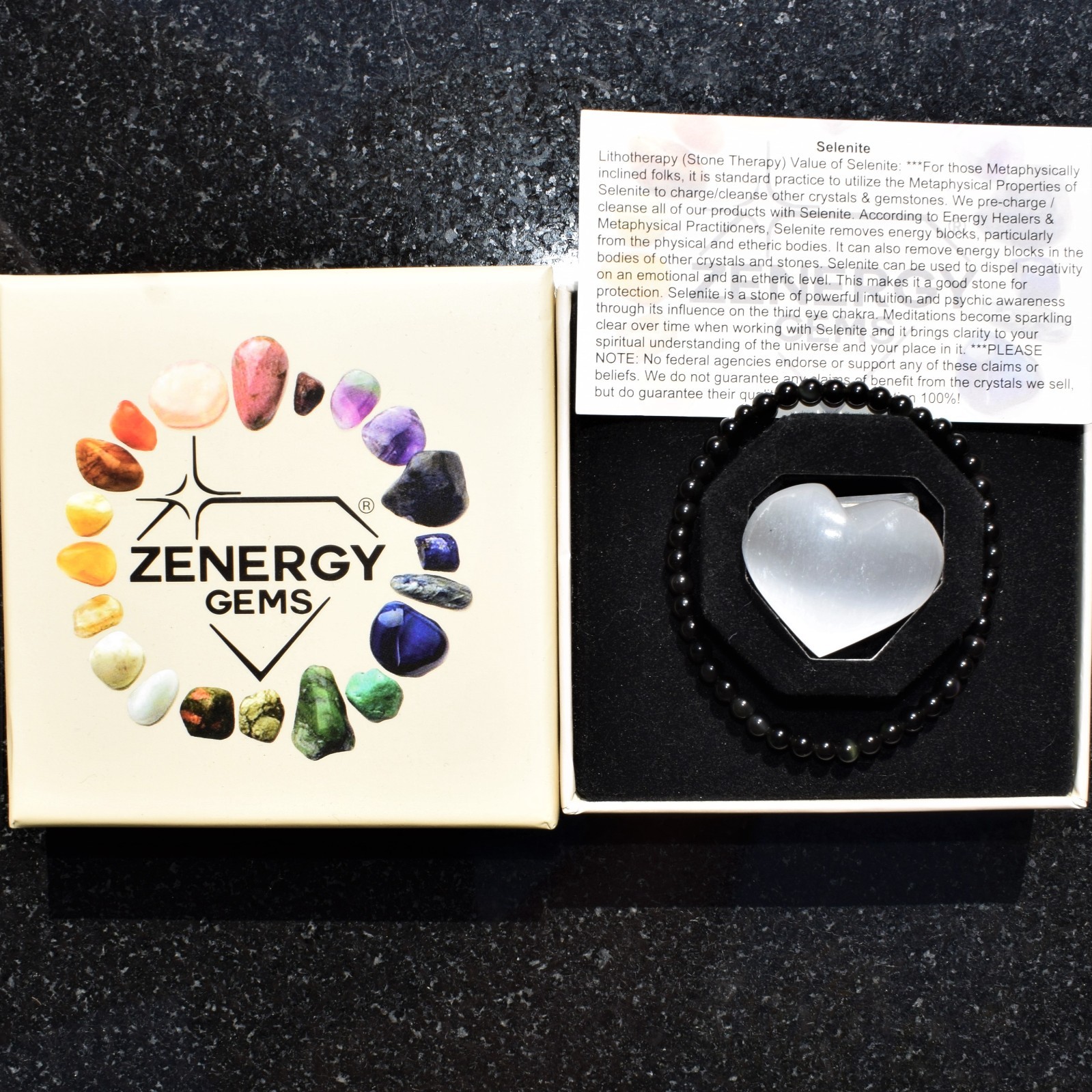 CHARGED Goldsheen Rainbow Obsidian Crystal 8mm Stretchy Bracelet +Selenite Heart