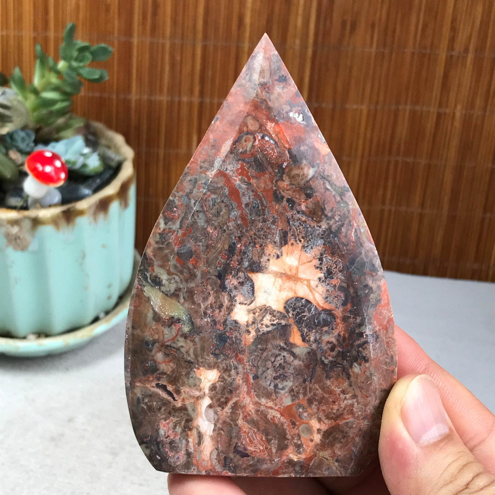 Natural money Mexico agate hand carve leaf Crystal Specimen free standing A6273