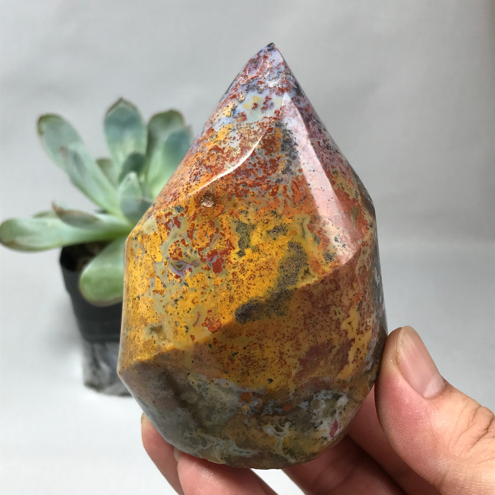 Natural Ocean Jasper torch Hand carve polish Crystal free standing 386g g6622