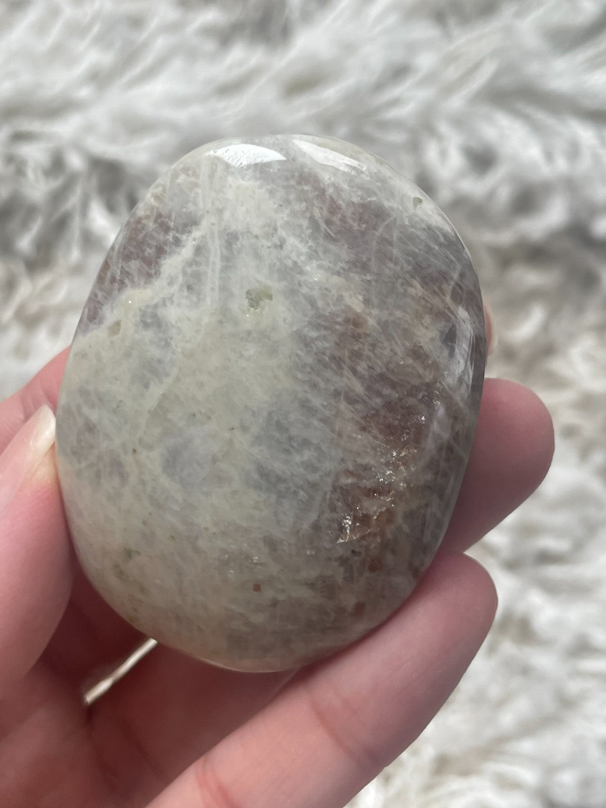 Rainbow Moonstone with Sunstone Palmstone, Medium – Blue & Silver Flashes (MZ)