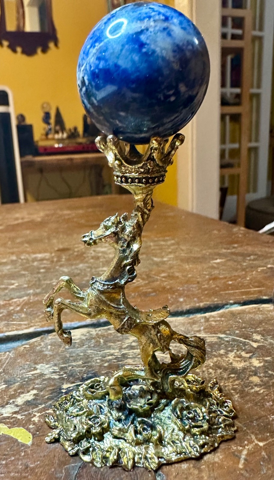 Lapiz lazuli blue crystal sphere with metal horse stand Free shipping
