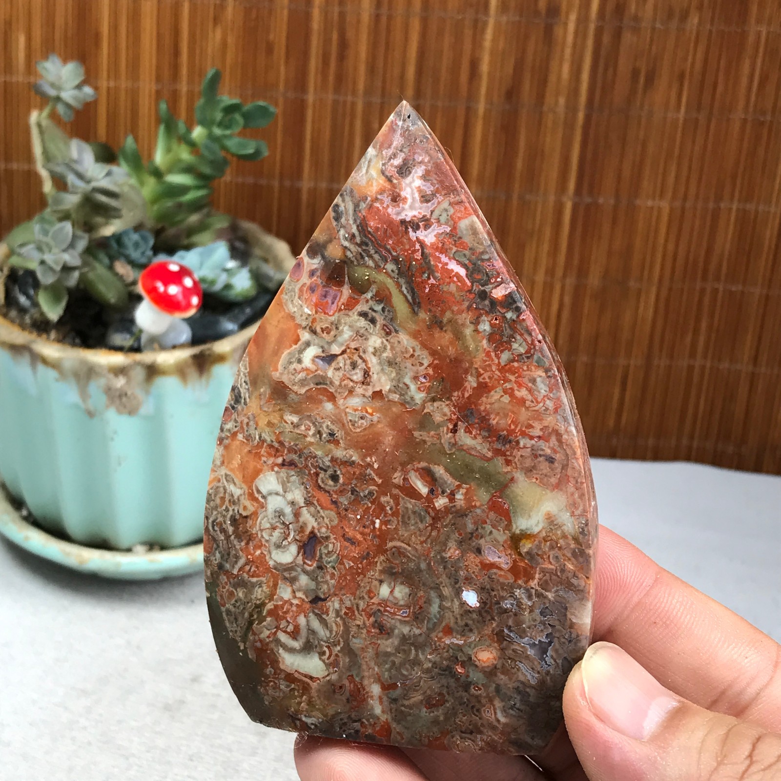 Natural money Mexico agate hand carve leaf Crystal Specimen free standing A6274