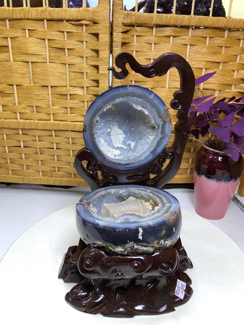 6.11LBNatural Agate Crystal Geode Quartz Bowl Wealth Spirit Energy Healing+Stand