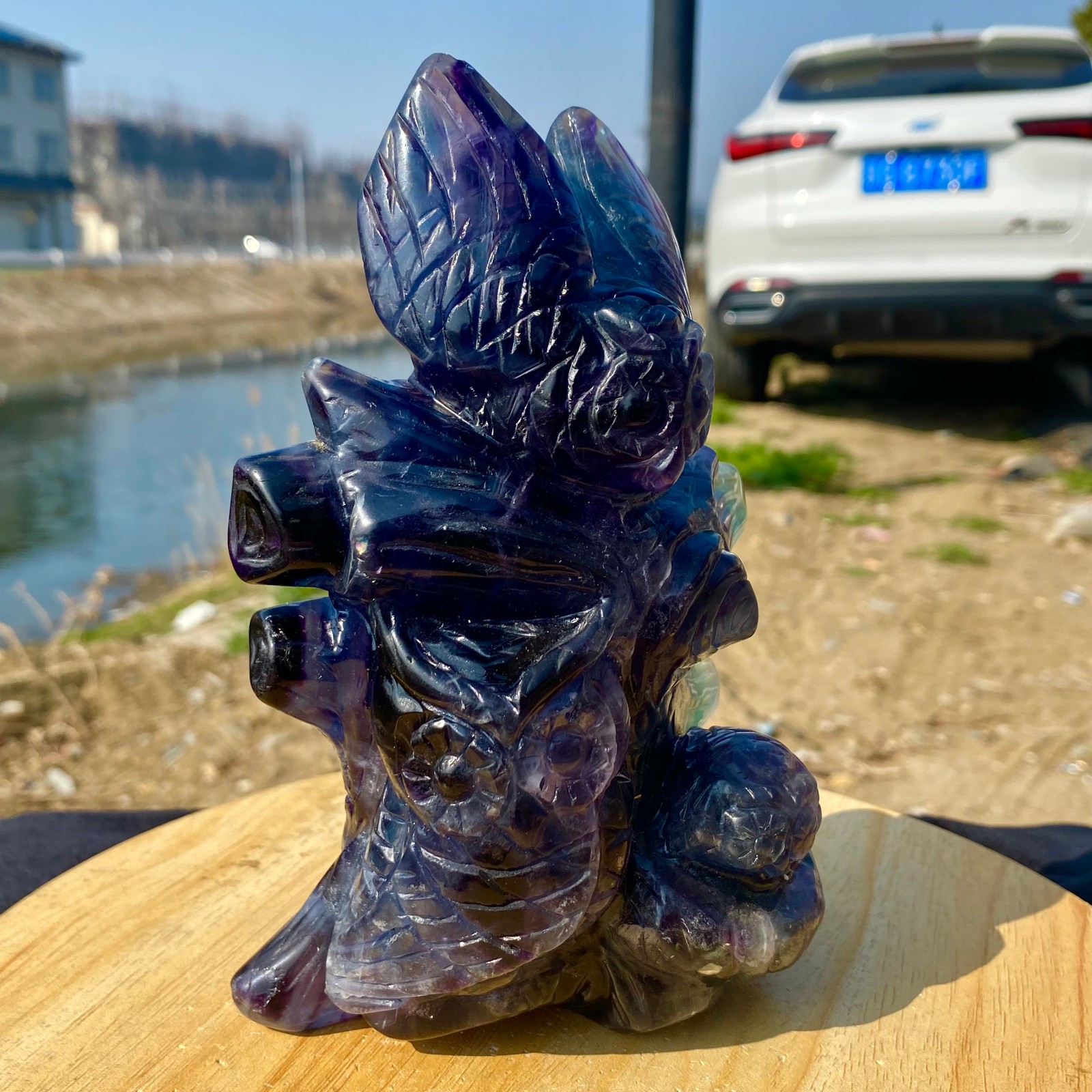 3.63LB Natural Fluorite Quartz Owl Sculpture Hand Carved Crystal Reiki Energy