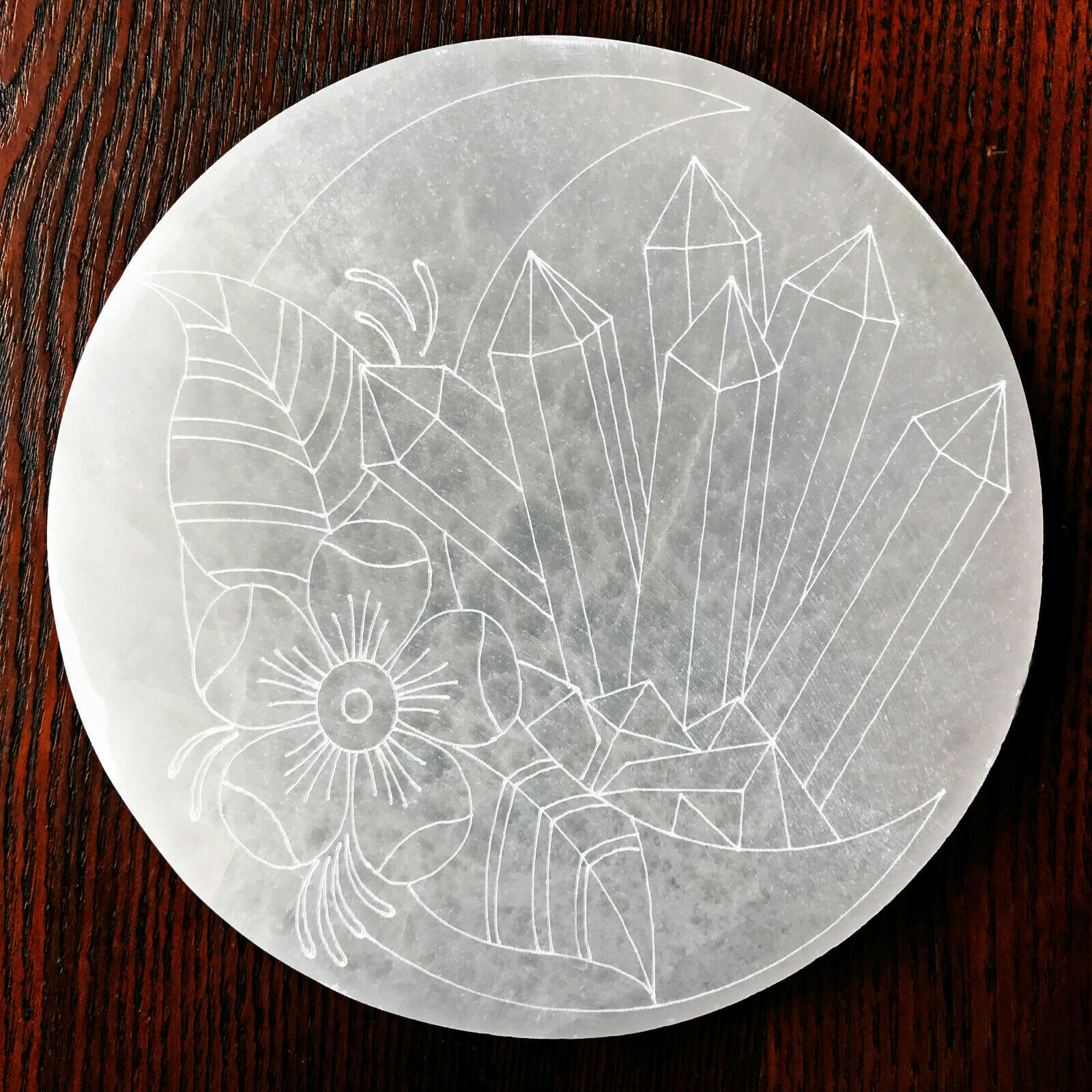 XL Selenite Charging Plate ” Moon Flower Engraved Crystal Round Disc Reiki Energ