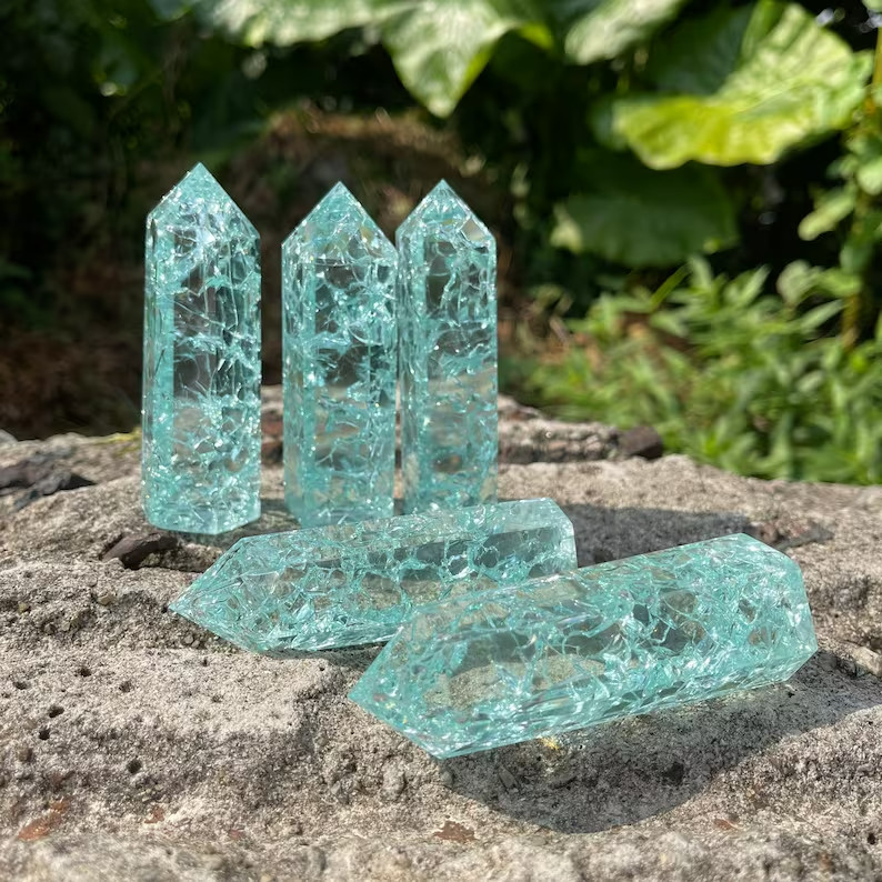 Polished Blue Crackle Quartz Tower Point Obelisk Healing Crystal Minerals Decor