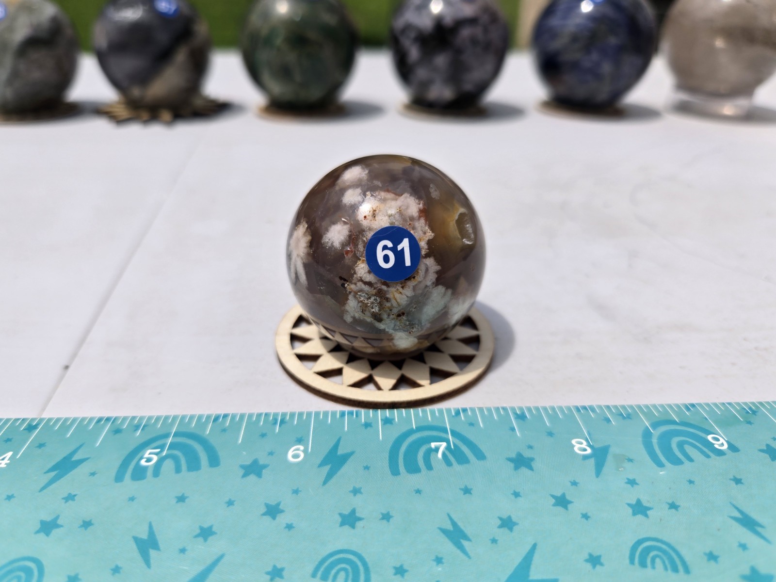 polished flower agate crystal sphere display specimen w/ stand ~2in b61