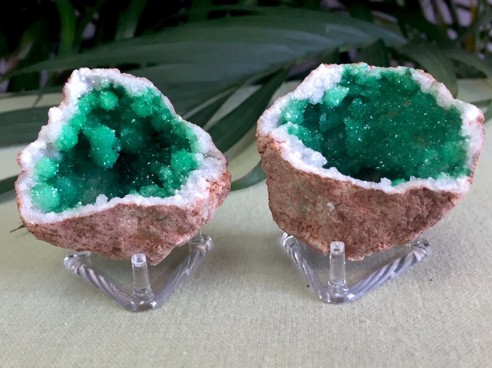 Green Geode Pair Geode Crystal Quartz Druze Specimen Morocco Geode Half