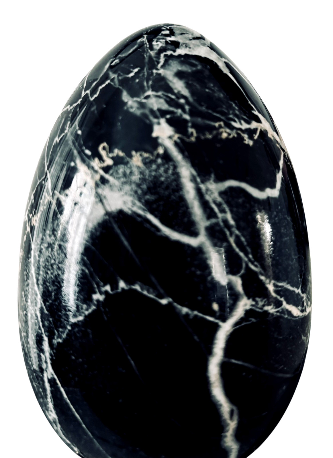 BLACK ZEBRA MARBLE EGG, BRASS DOLPHIN TRIPOD STAND, 5.5″Hx2.5″W, 1 LB 14 OZ