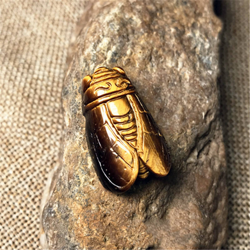 Natural Tiger’s Eye Stone Hand Carved Cicada Quartz Crystal Pendant Gift Healing