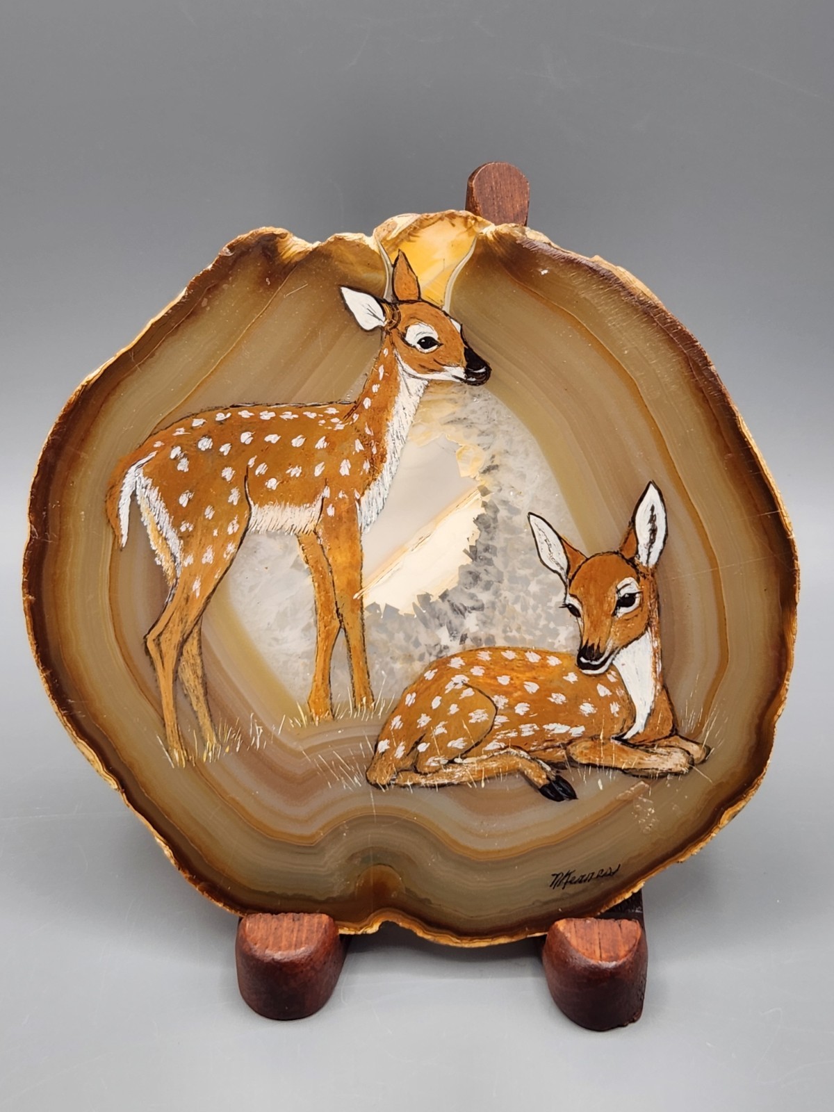 Deer Hand Painted On Geode Stone Slab Signed 5×5.25″