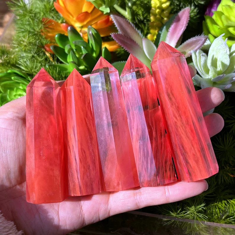 Natural Red Cherry Quartz Crystal Point Tower Meditation Stone Office Decor Gift