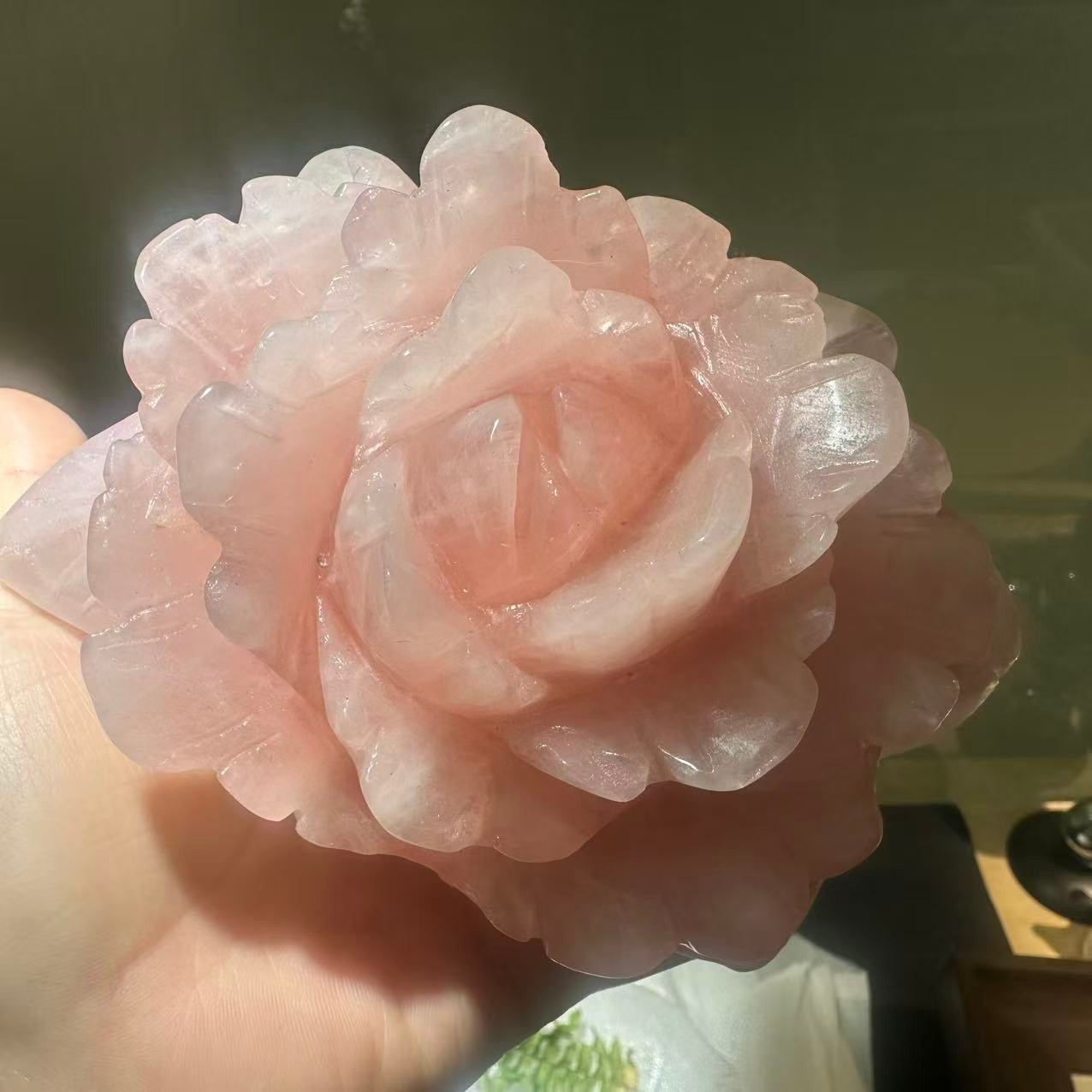 1pc Natural Pink Rose Quartz Carved Crystal Flower Skull Reiki Healing Decor