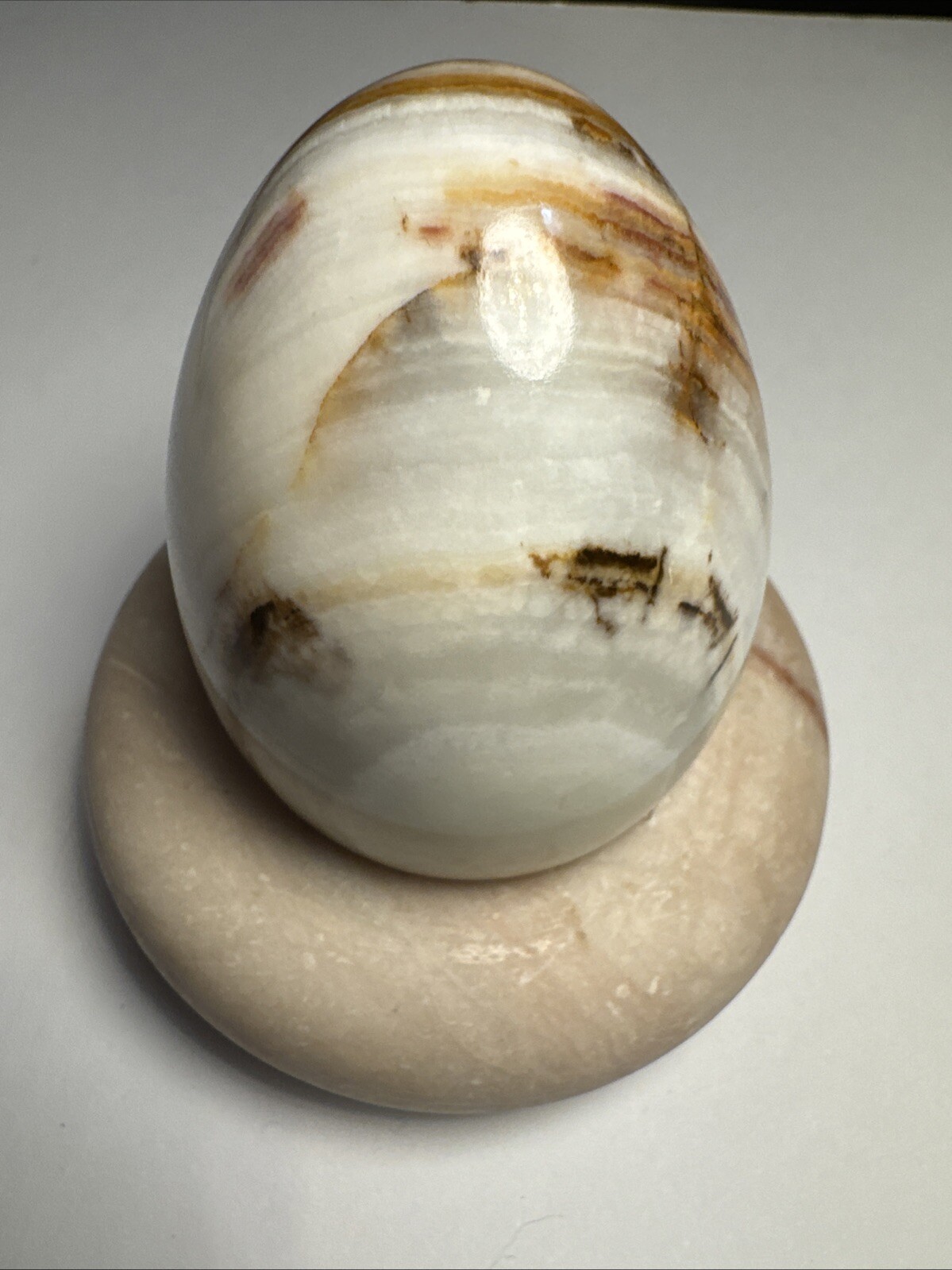 Vintage Beautiful Brown And White Tones Polished Onyx Egg With Marble Stand