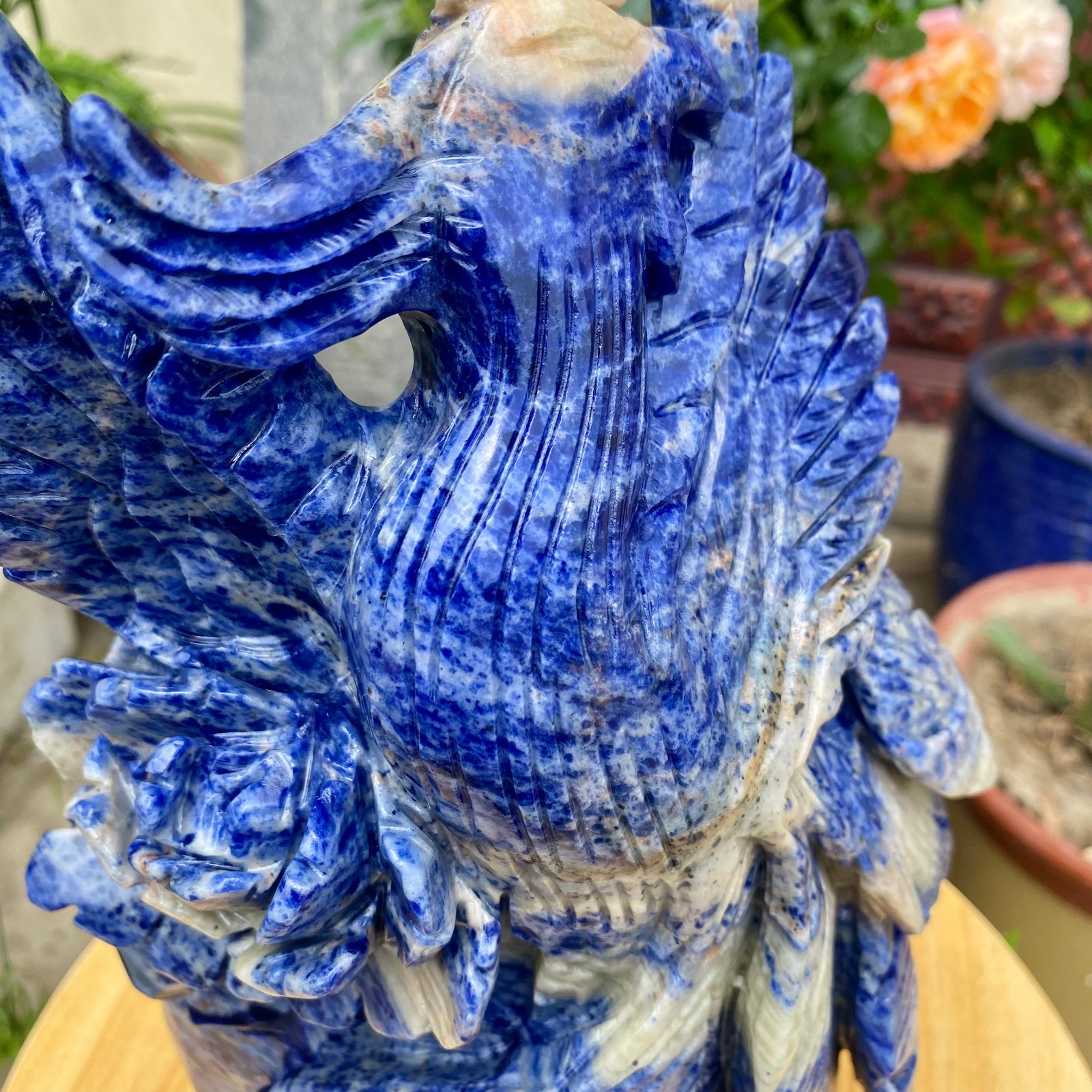 7.05LB Natural Blue Vein Stone Phoenix Carving, Home Decoration