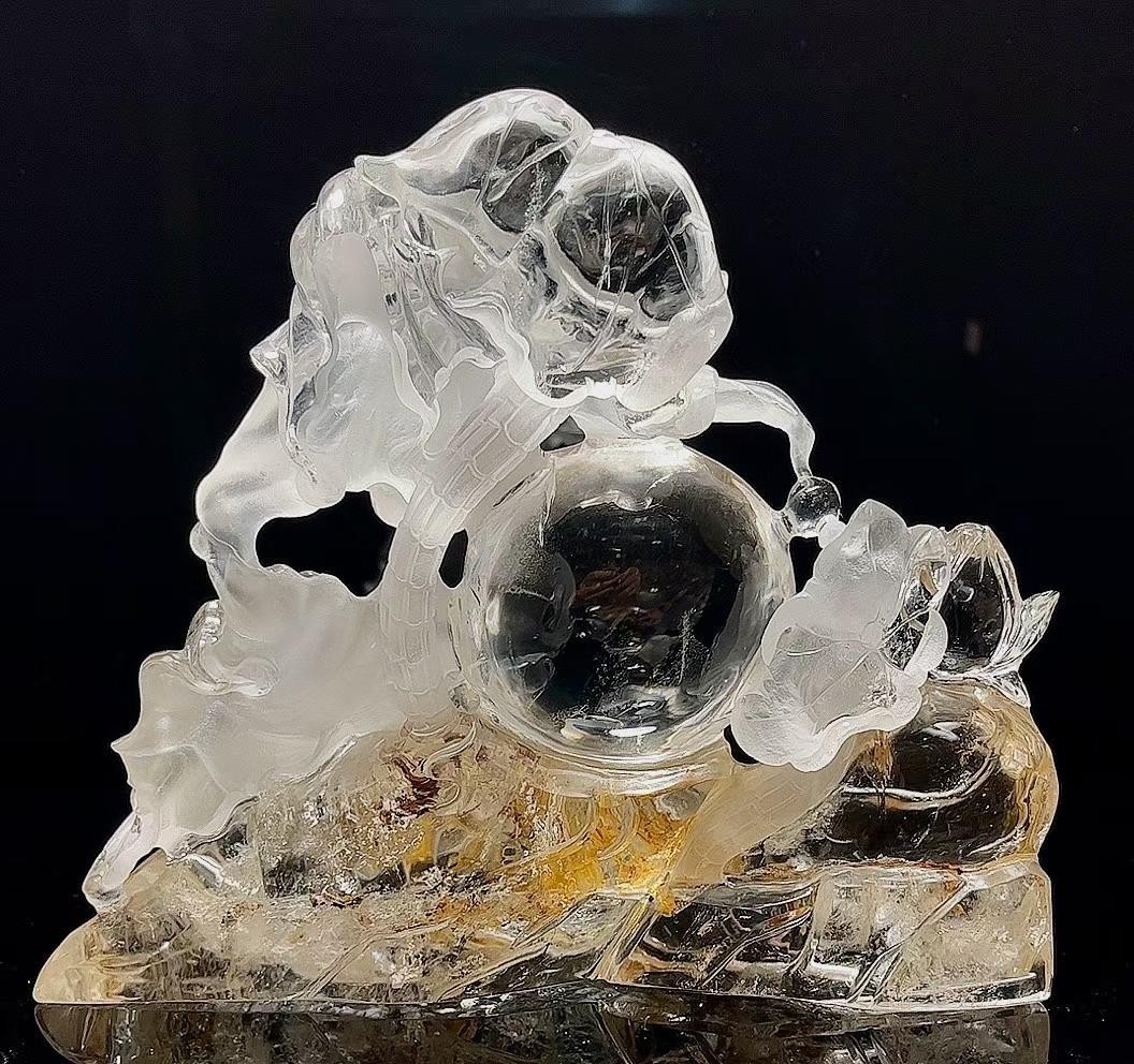 12.2LB Natural crystal fire quartz Carved fish Reiki energy Decor+Stand