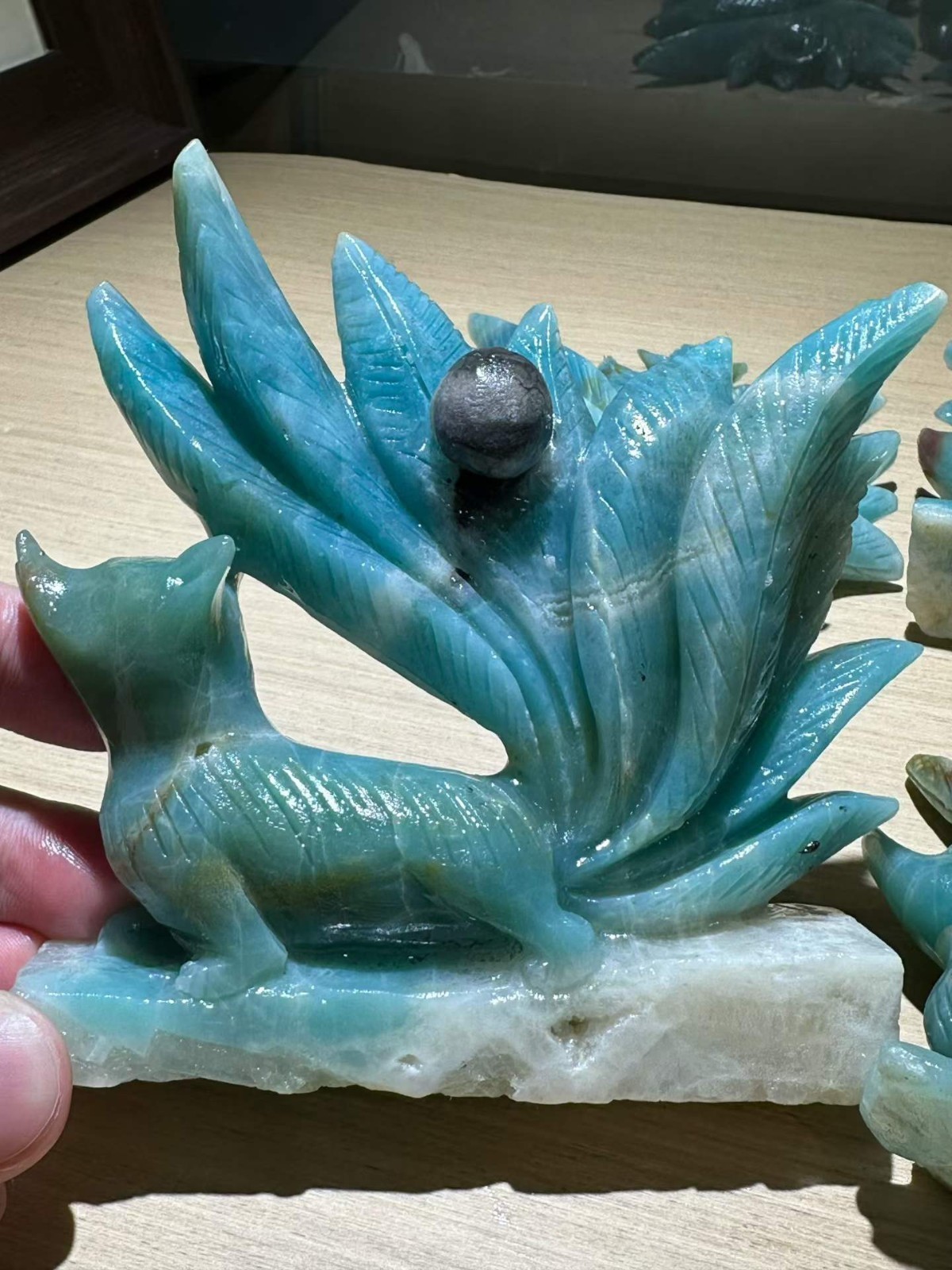 1pc Natural Amazonite Quartz Carved Nine-tailed fox Skull Crystal Decor