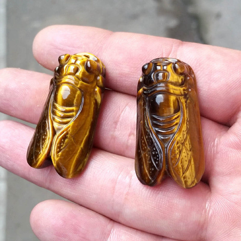 Natural Tiger’s Eye Stone Hand Carved Cicada Quartz Crystal Pendant Gift Healing