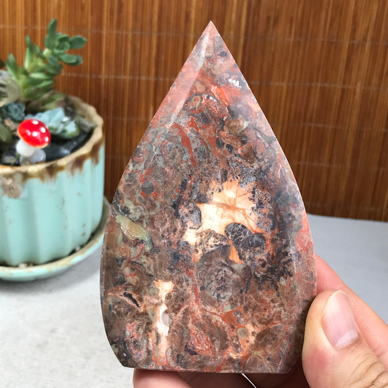 Natural money Mexico agate hand carve leaf Crystal Specimen free standing A6273