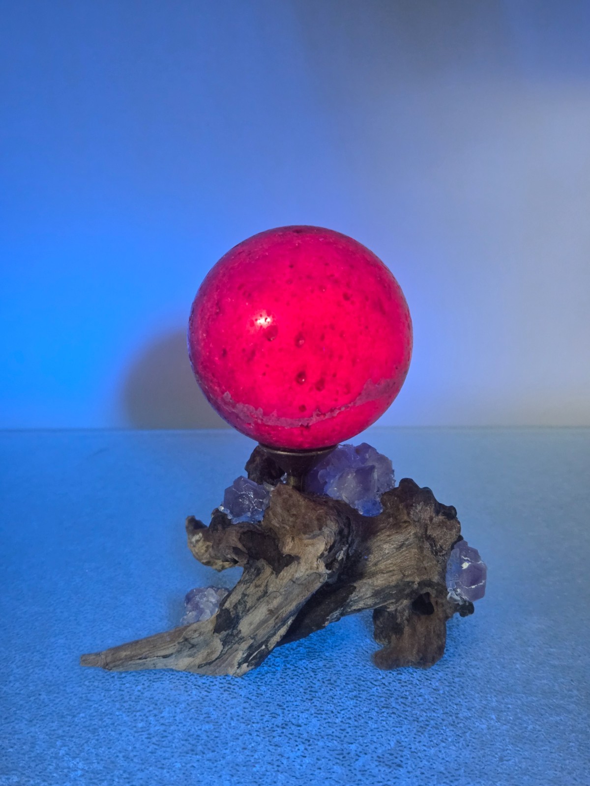 290G Pink UV Ruby Corundum Sphere Crystal Ball Reiki Healing With Wood Stand