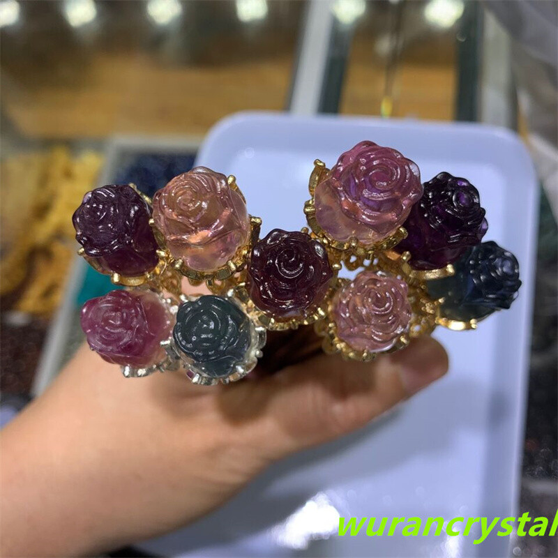 5pc Natural fluorite Rose flower skull carving quartz crystal Reiki healing