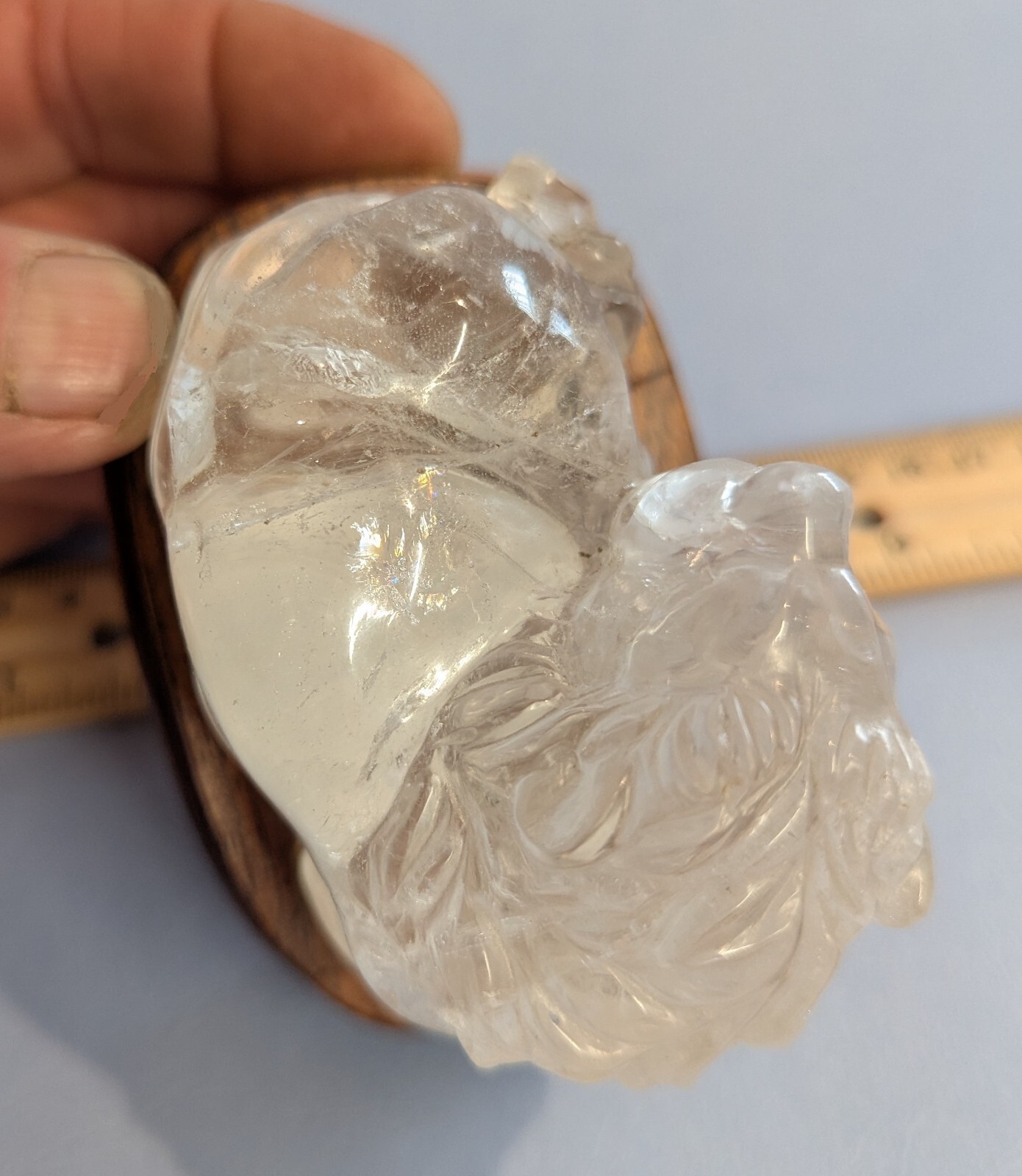 Clear quartz CRYSTAL carved LION with Cherry Wood stand Natural Mineral specimen