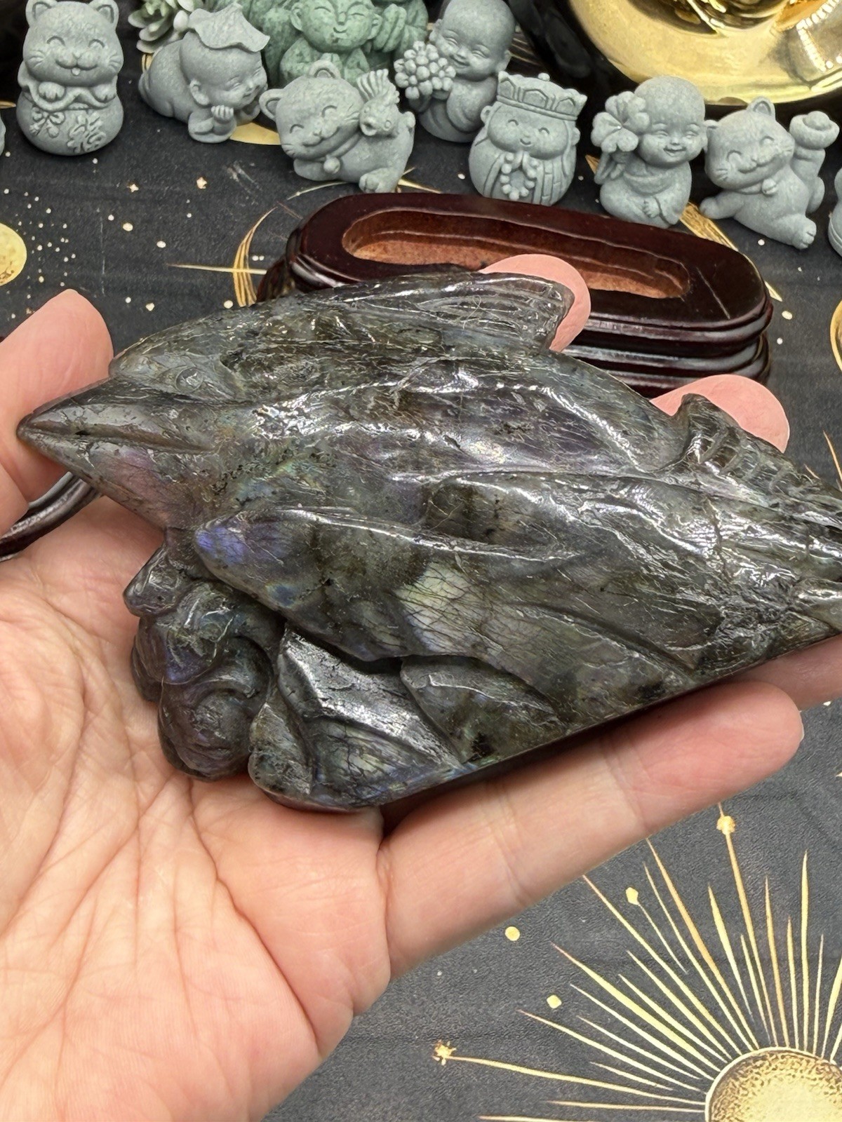 Natural Labradorite harbor porpoise Carving w/ custom stand Rainbow/Purple Fash
