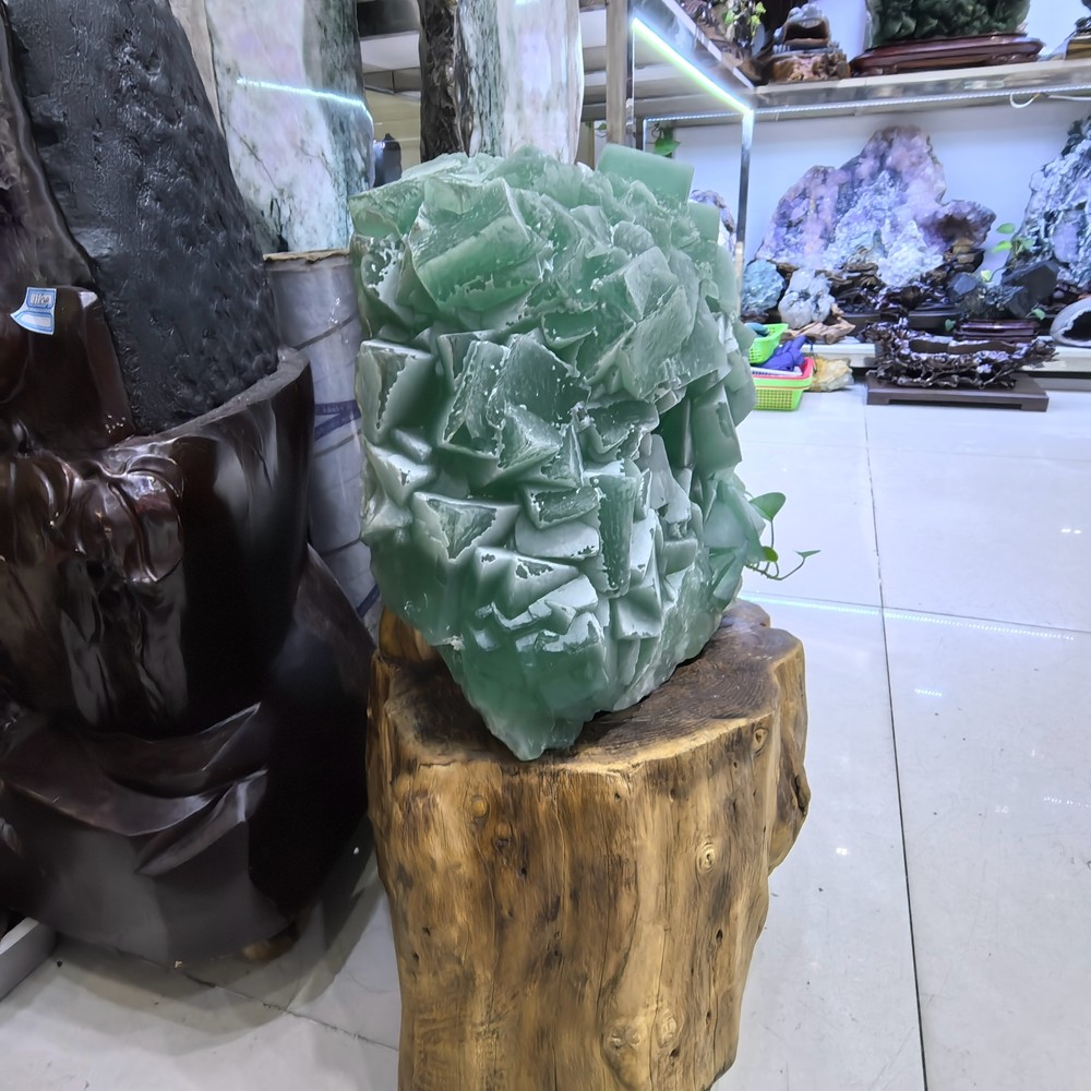 110LB Top Natural Green Fluorite Quartz Cluster Crystal Mineral Specimen + stand