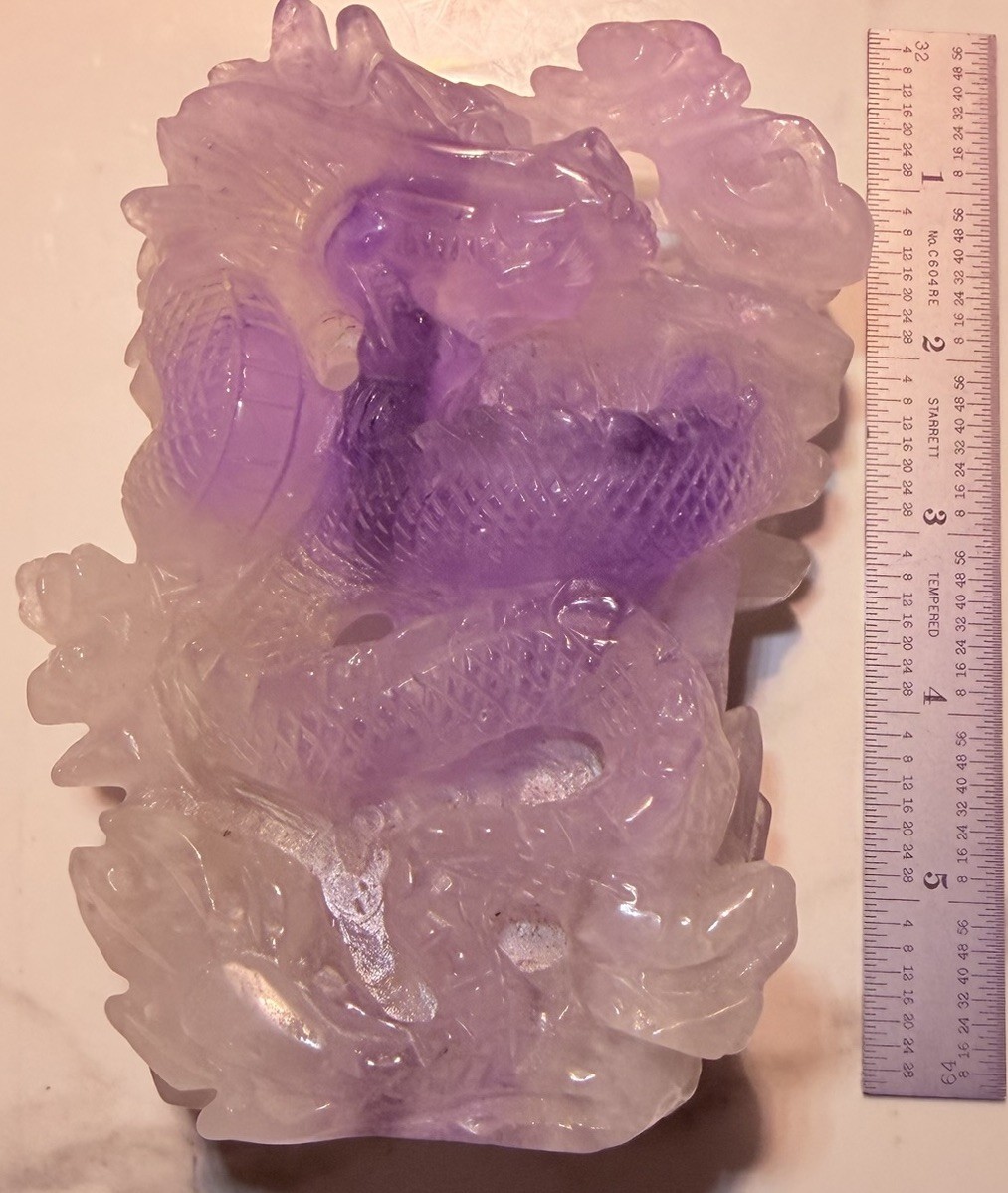 Purple Carved Crystal Dragon Sculpture Mineral Display Specimen Statue 6 in Tall