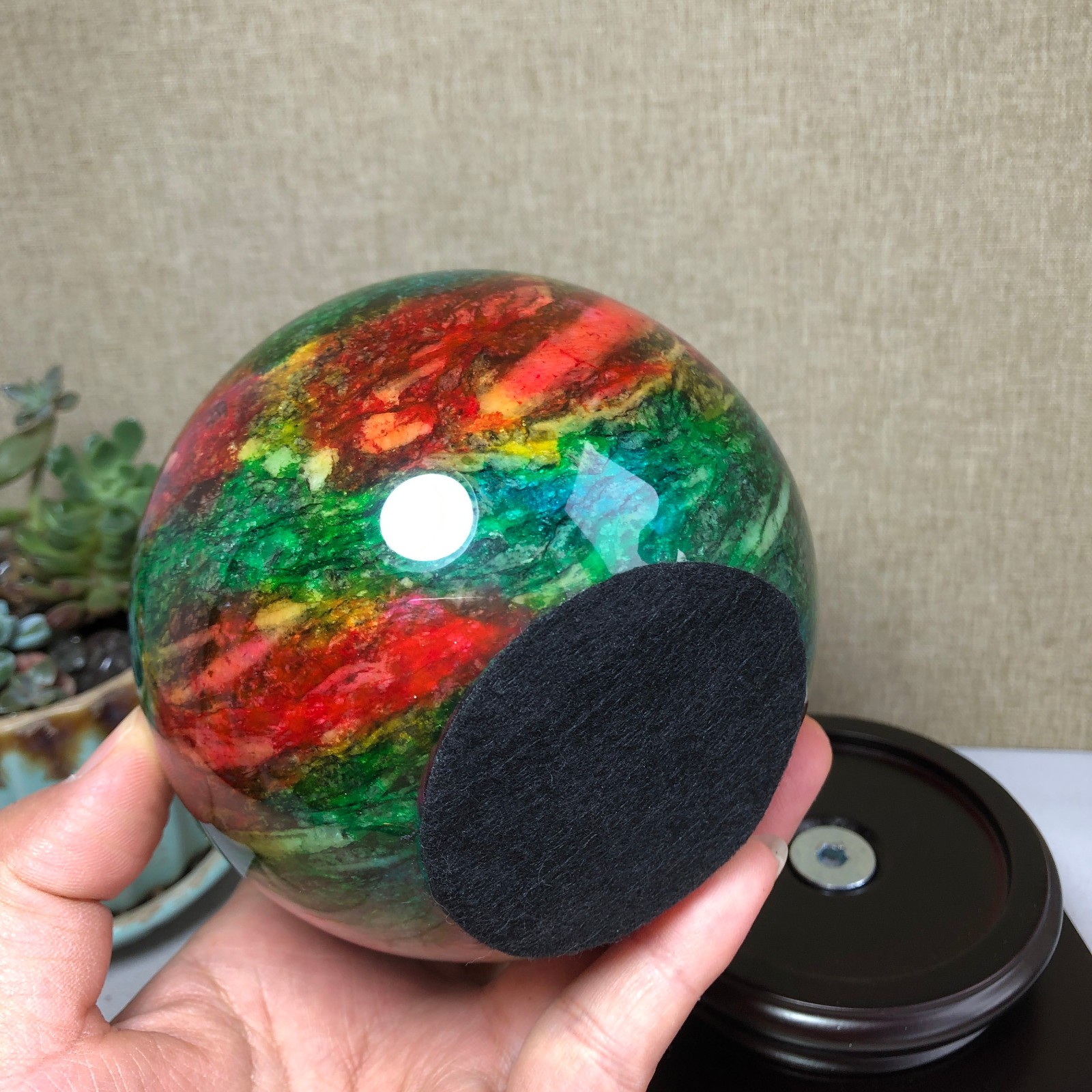 Natural “Seven Colors Jade” sphere flat bottom specimen Taiwan China 99mm A4579