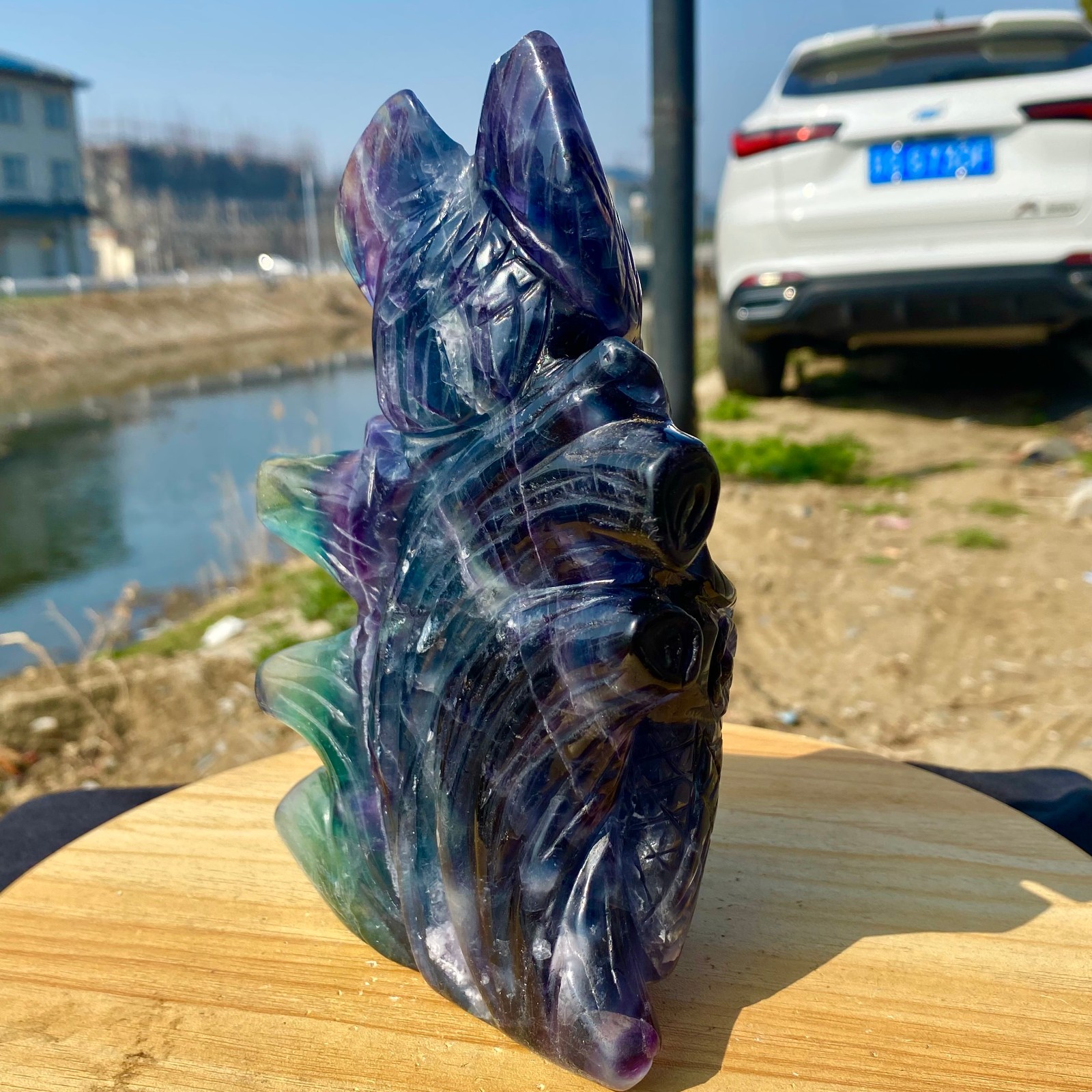 3.63LB Natural Fluorite Quartz Owl Sculpture Hand Carved Crystal Reiki Energy
