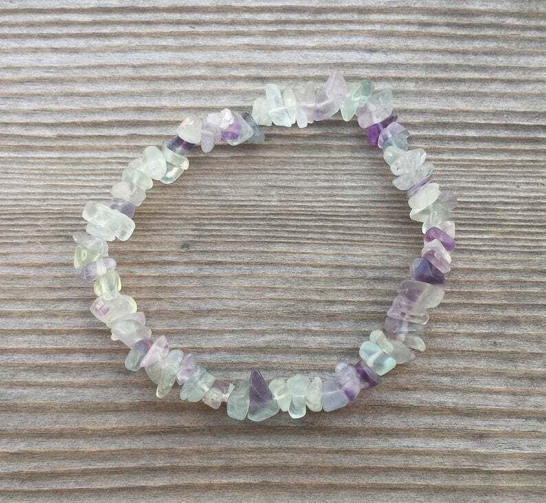 NATURAL FLUORITE STONE GEMSTONE STRETCHY CHIP BRACELET