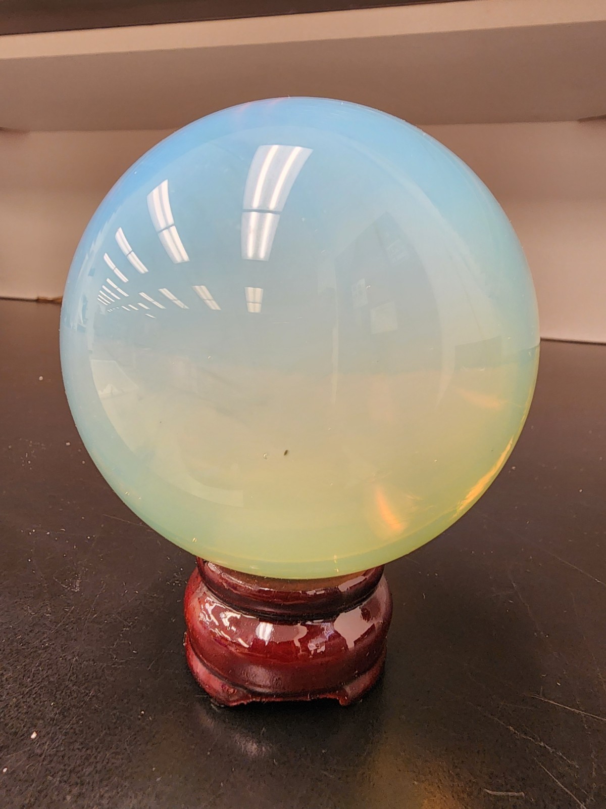 Large 673g Opalite Crystal Sphere Ball Blue Glow Polished Orb w/ Wooden Stand