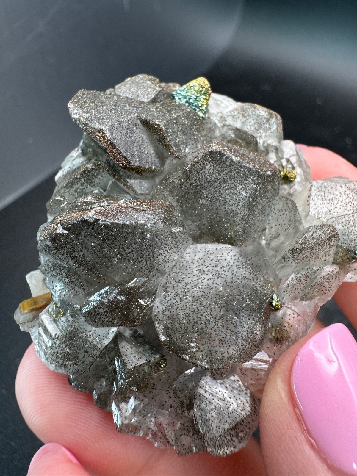 6703 Rainbow Chalcopyrite on Gray Benz Calcite Fu Jian 55g