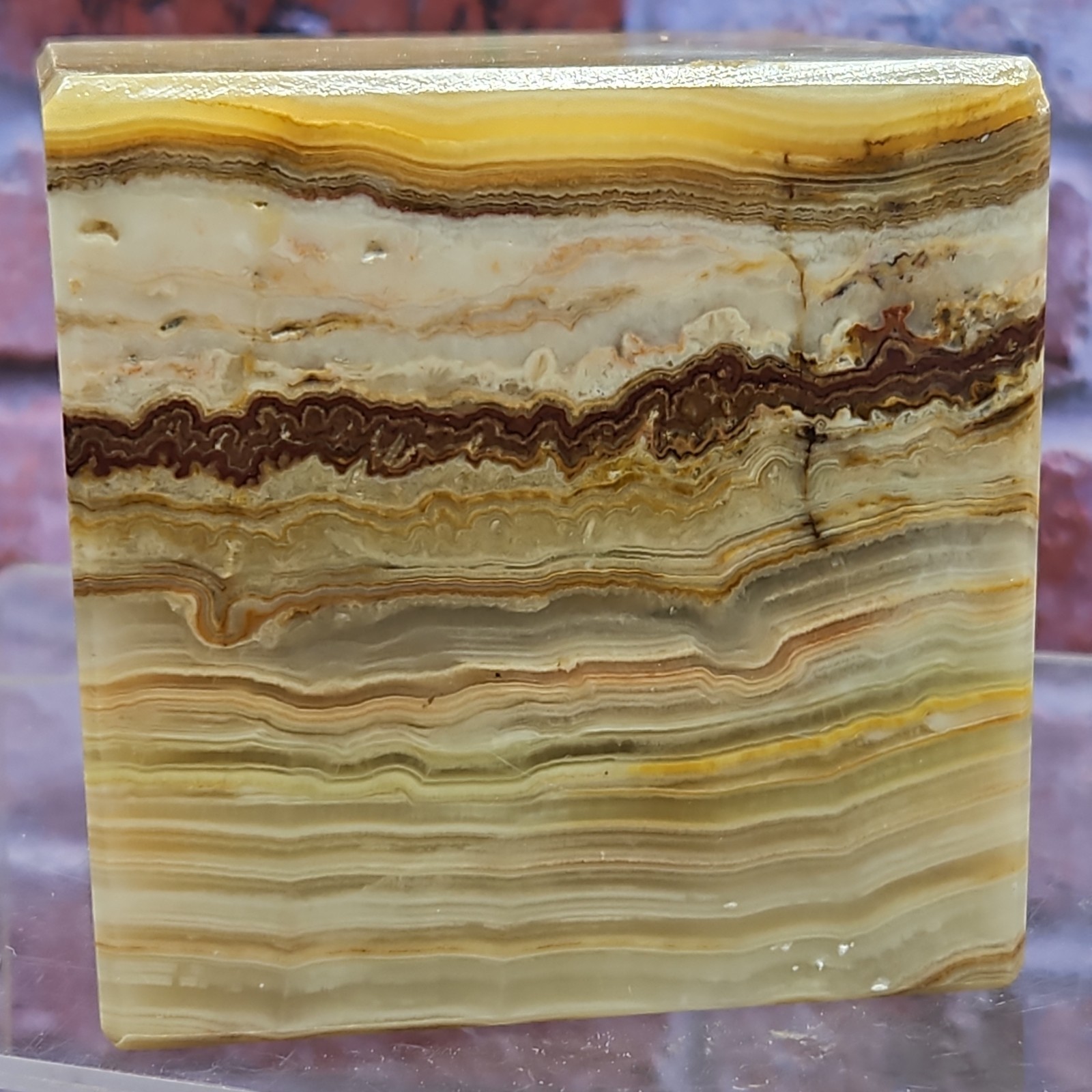 Polished Onyx Cube 3.5×3.5×3.5 Brown/White Faint Green Banded