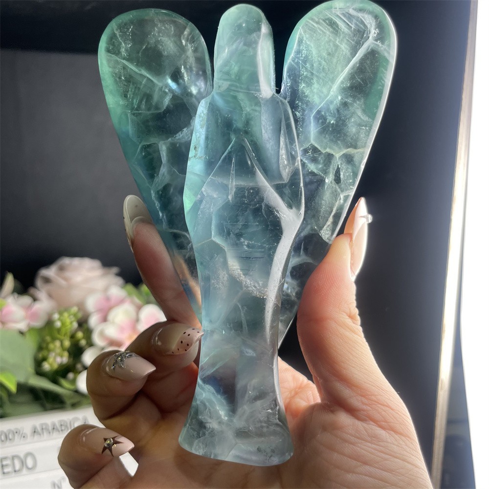 0.8LB 5.1″ Natural Rinbow Fluorite Angel Carved Crystal Mineral Quartz Decor