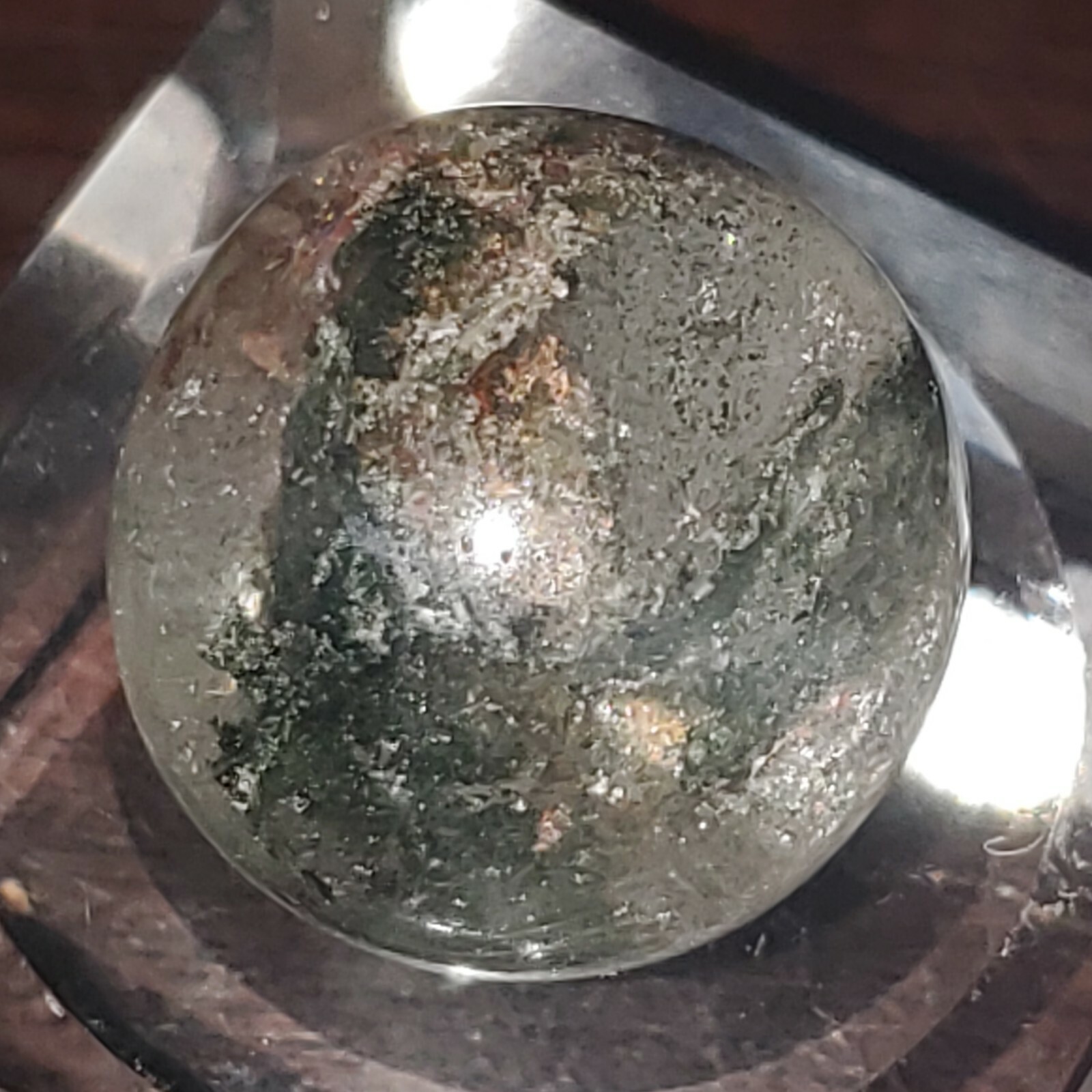 Garden Scenic Chlorite Included Quartz Sphere Ball Orb Marble 17.9mm, 8g.