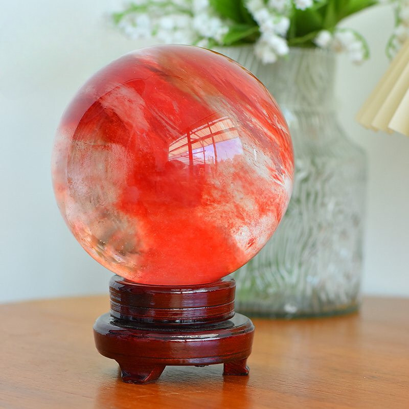 2LB Big Natural Red Smelting Quartz Crystal Sphere Healing Energy Ball W/ Stand