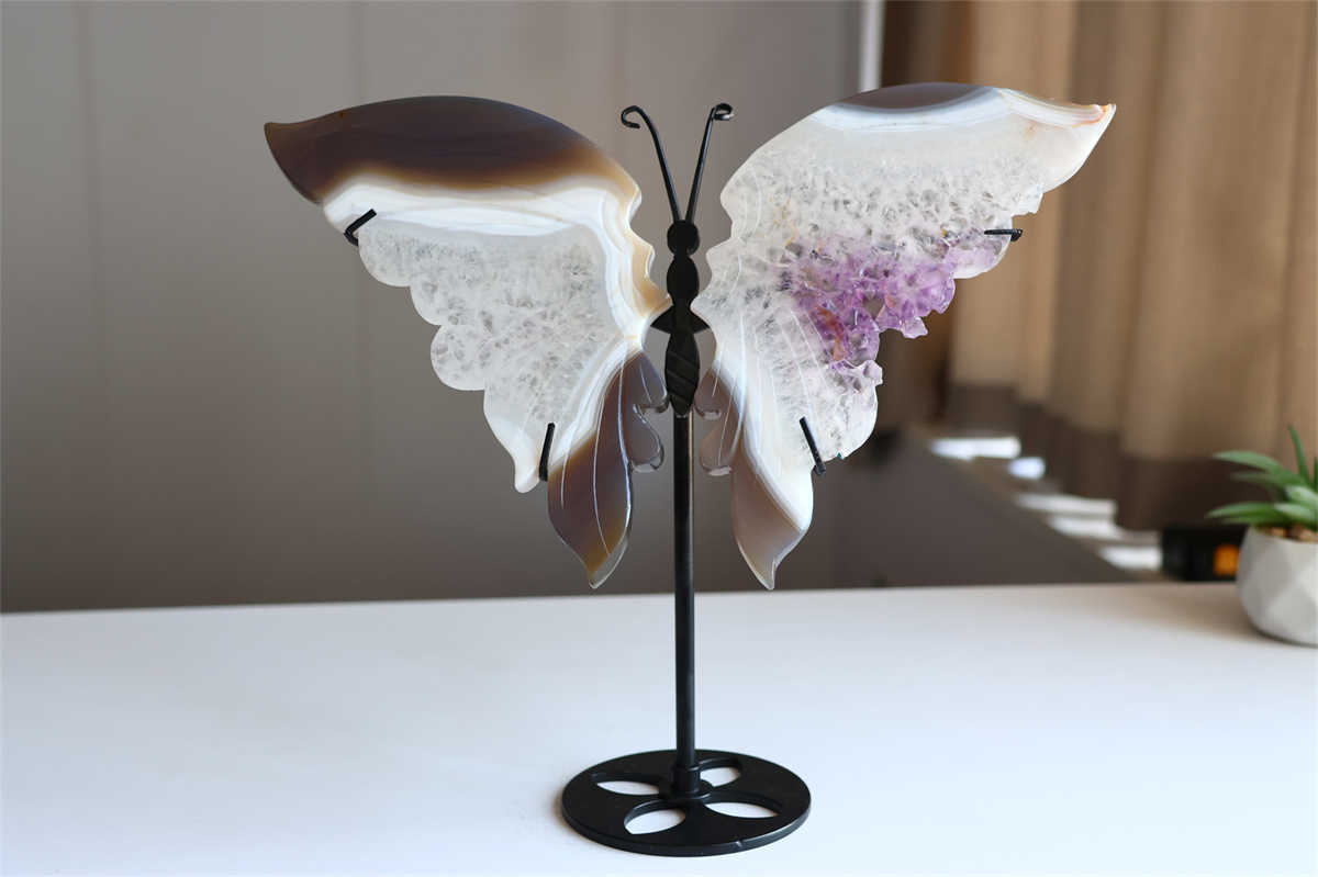 650g Natural Geode Agate Carved Butterfly Wing Reiki Crystal Decor Gift + Stand