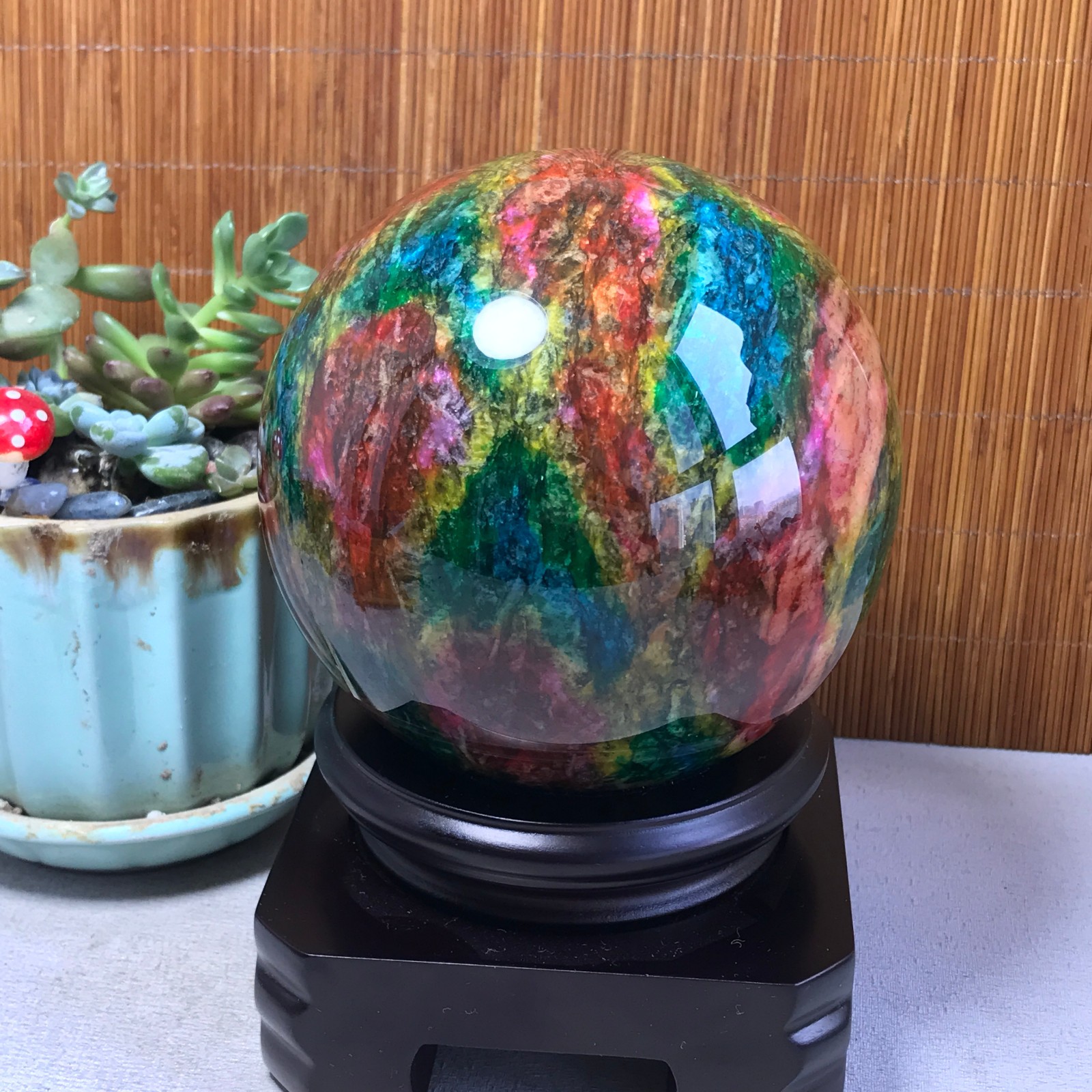 Natural “Seven Colors Jade” sphere Ball -Taiwan China 1.85kg Base Random A5809
