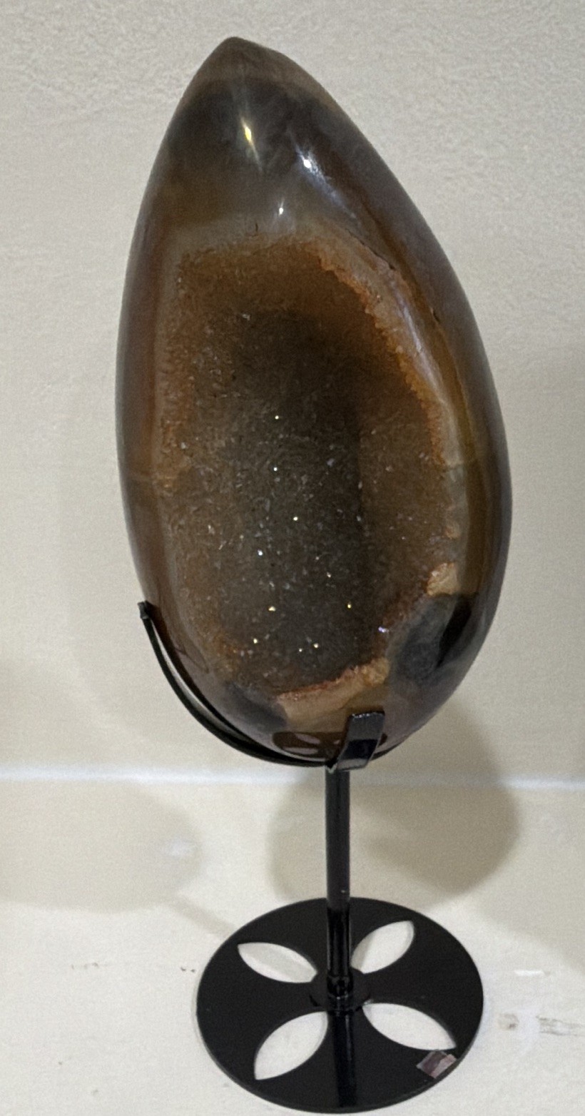 Polished Druzy Geode Agate Egg Crystal Mineral Display Specimen on Metal Stand