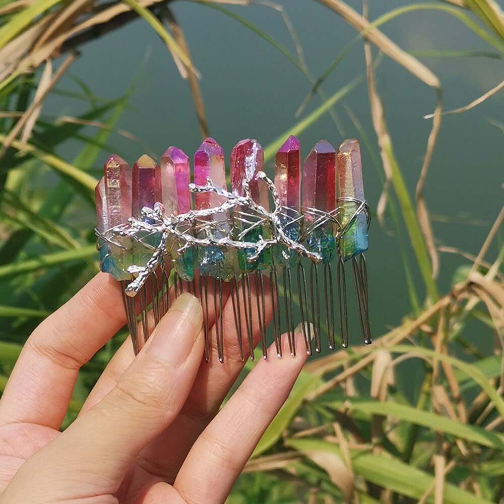 Women Natural Crystal Quartz Hair Comb Headdress Branches Wired Stone 20 teeth