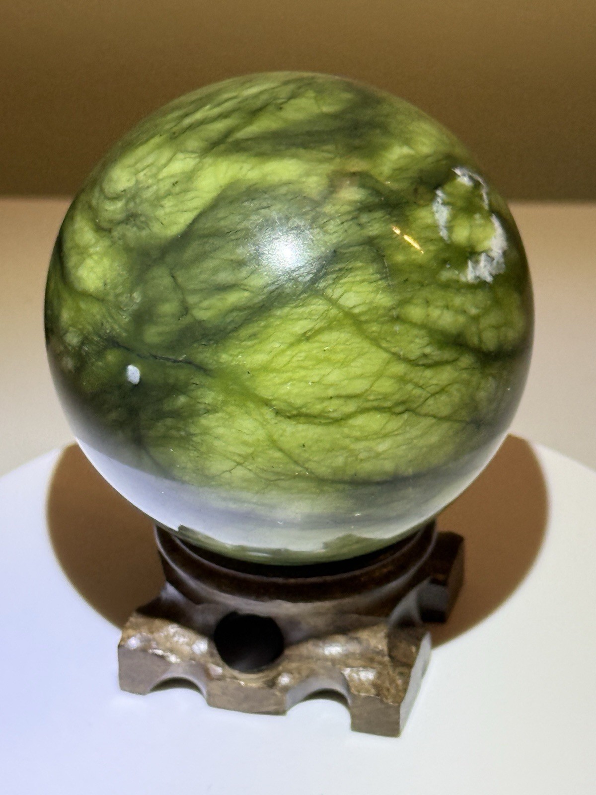 STUNNING Polished Nephrite Jade Sphere w/ Wooden Stand