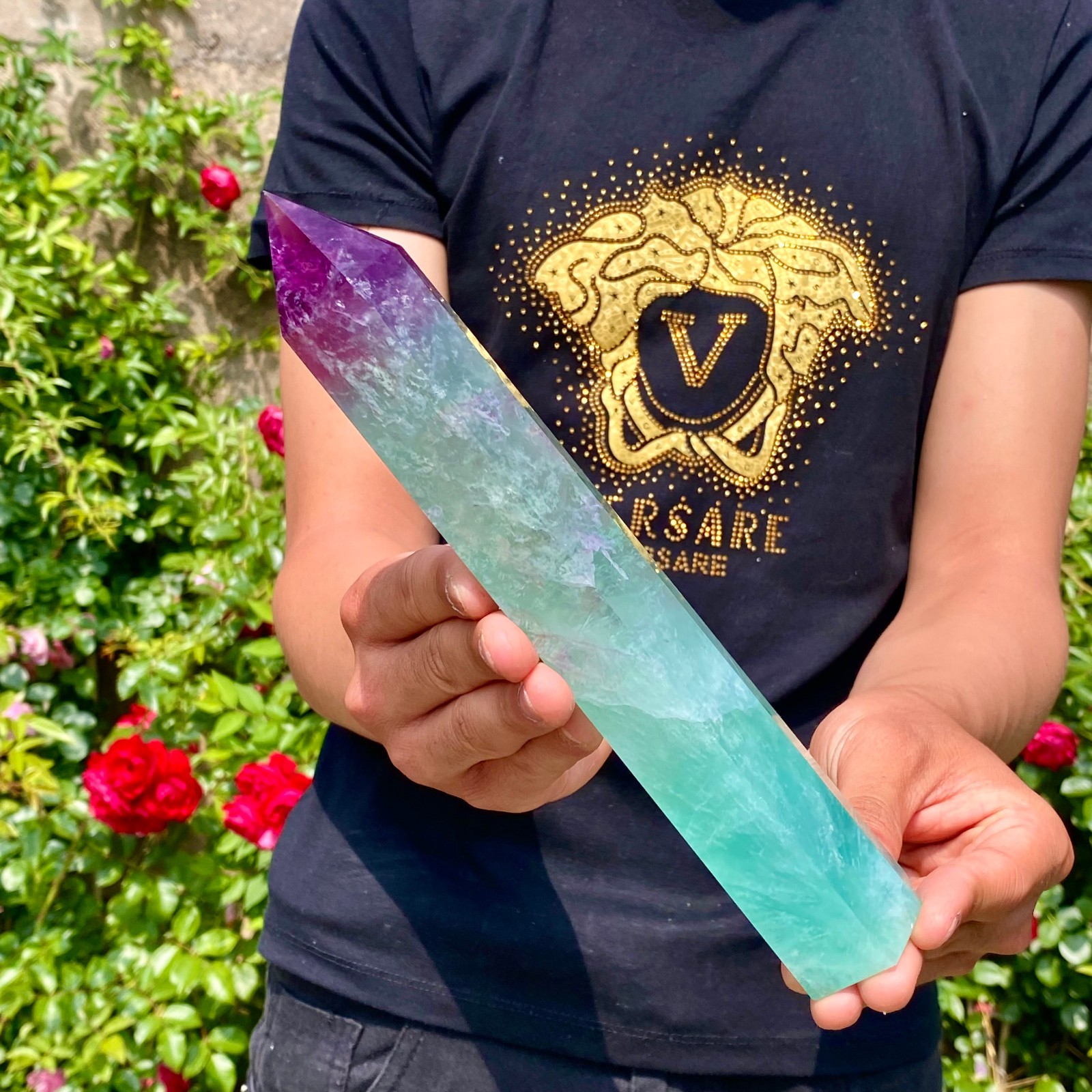 1.6LB Natural rainbow fluorite obelisk quartz crystal wand point Gem Healing