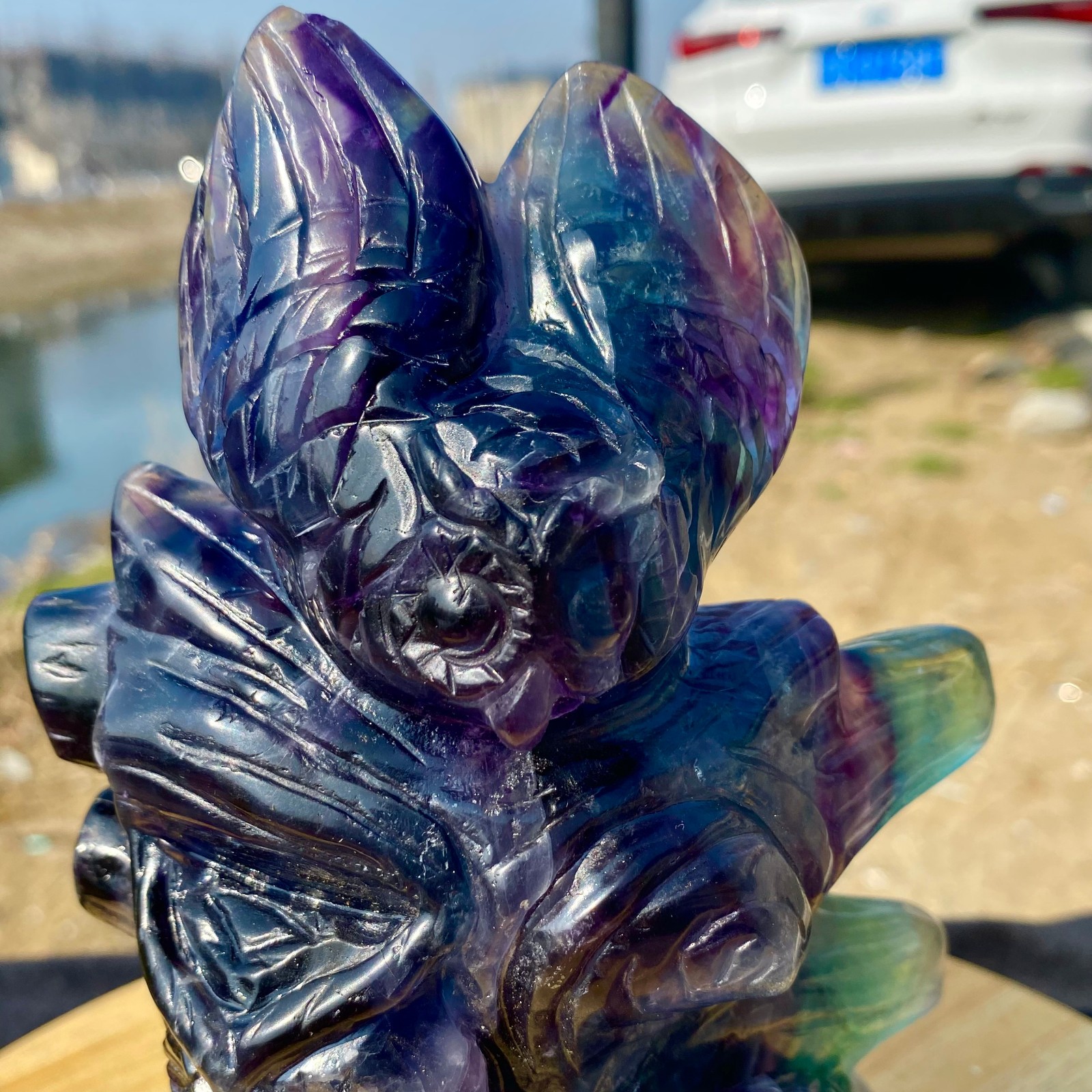 3.63LB Natural Fluorite Quartz Owl Sculpture Hand Carved Crystal Reiki Energy