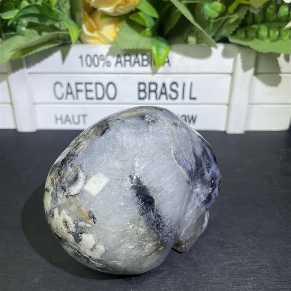 1.6LB 3.5″ Black Flower Agate Skull Carved Crystal Quartz Decor Reiki Gift