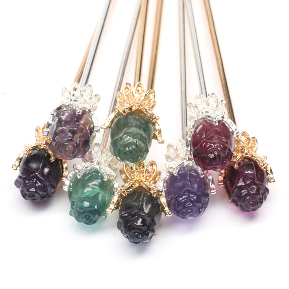 Natural Fluorite Flower Fruits Crystal Quartz Carved Hairpin Gifts Reiki Healing