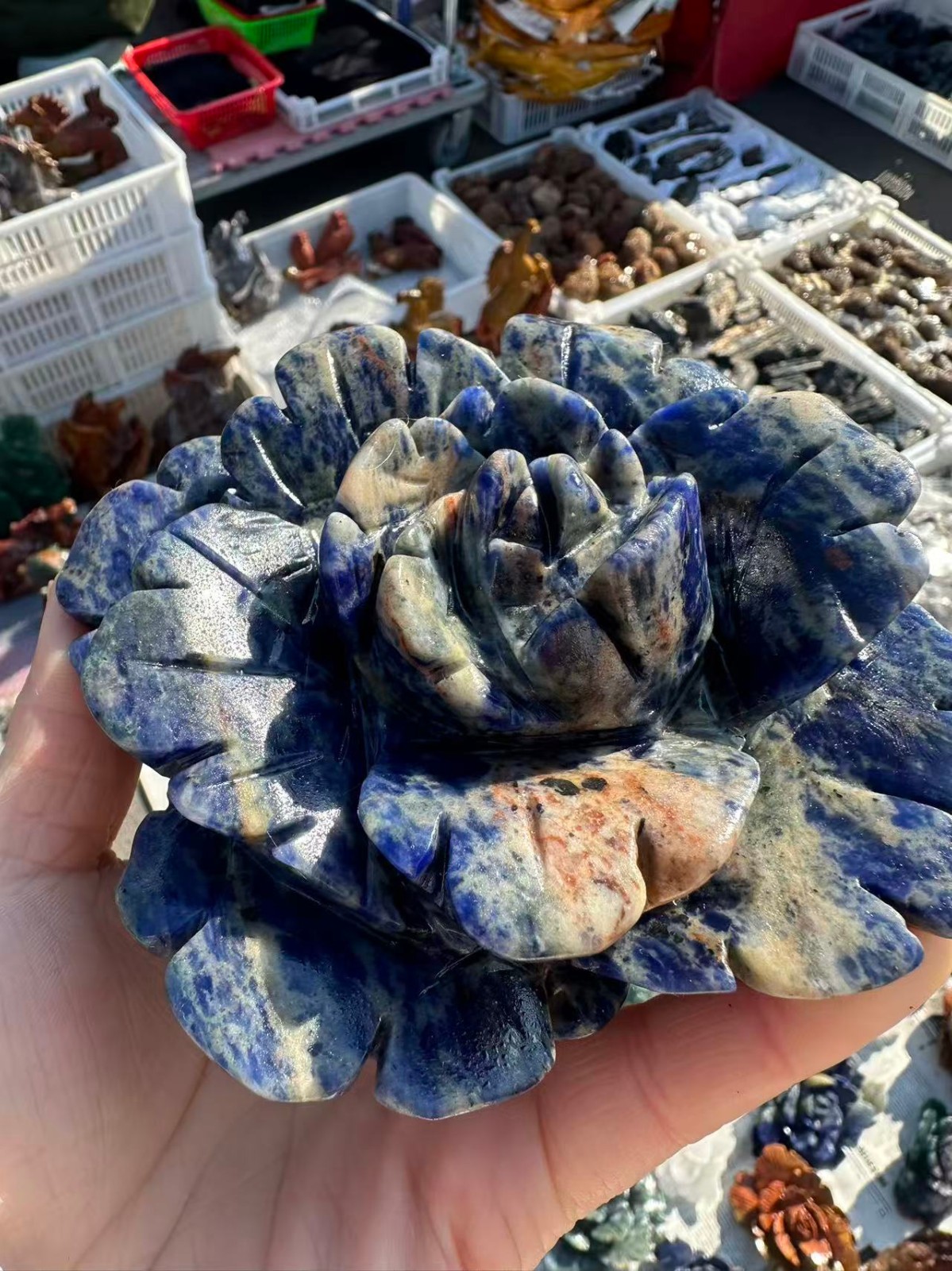 1pc Natural Sodalite Quartz Carved Flower Skull Crystal Reiki Decor Gift